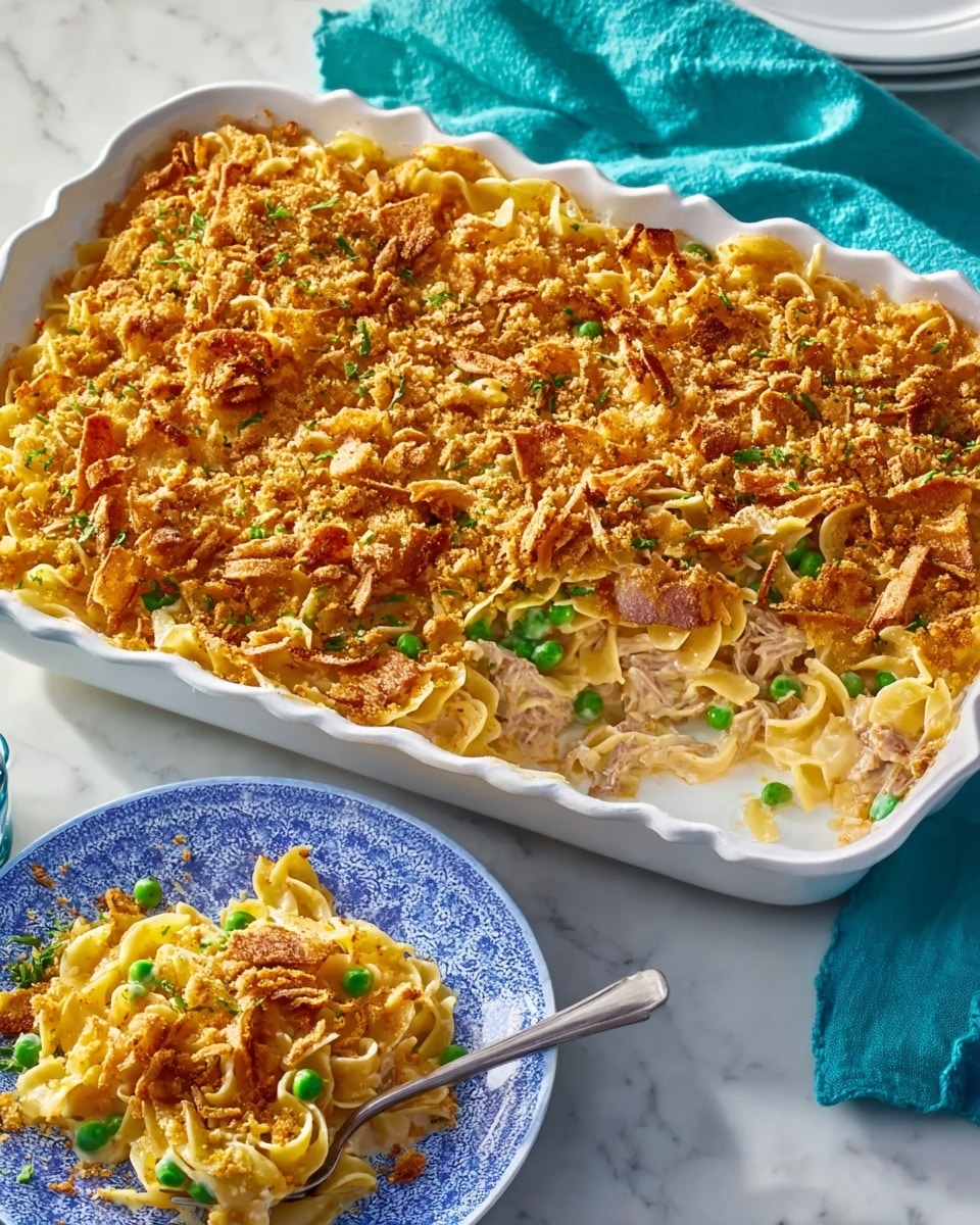 A white scalloped rectangular baking dish holds a layered casserole with a golden brown crunchy topping scattered unevenly on the surface. Underneath the topping, yellow egg noodles mix with small bright green peas and light beige shredded meat, all coated in a creamy sauce. On the left side, the creamy noodle and meat mixture peaks through the crumbly, toasted topping. A blue patterned round plate on the white marbled surface nearby holds a serving of the casserole, showing the inside layers of noodles, meat, peas, and sauce. A woman's hand is holding a fork close to the plate. A turquoise cloth is visible behind the baking dish. Photo taken with an iphone --ar 4:5 --v 7