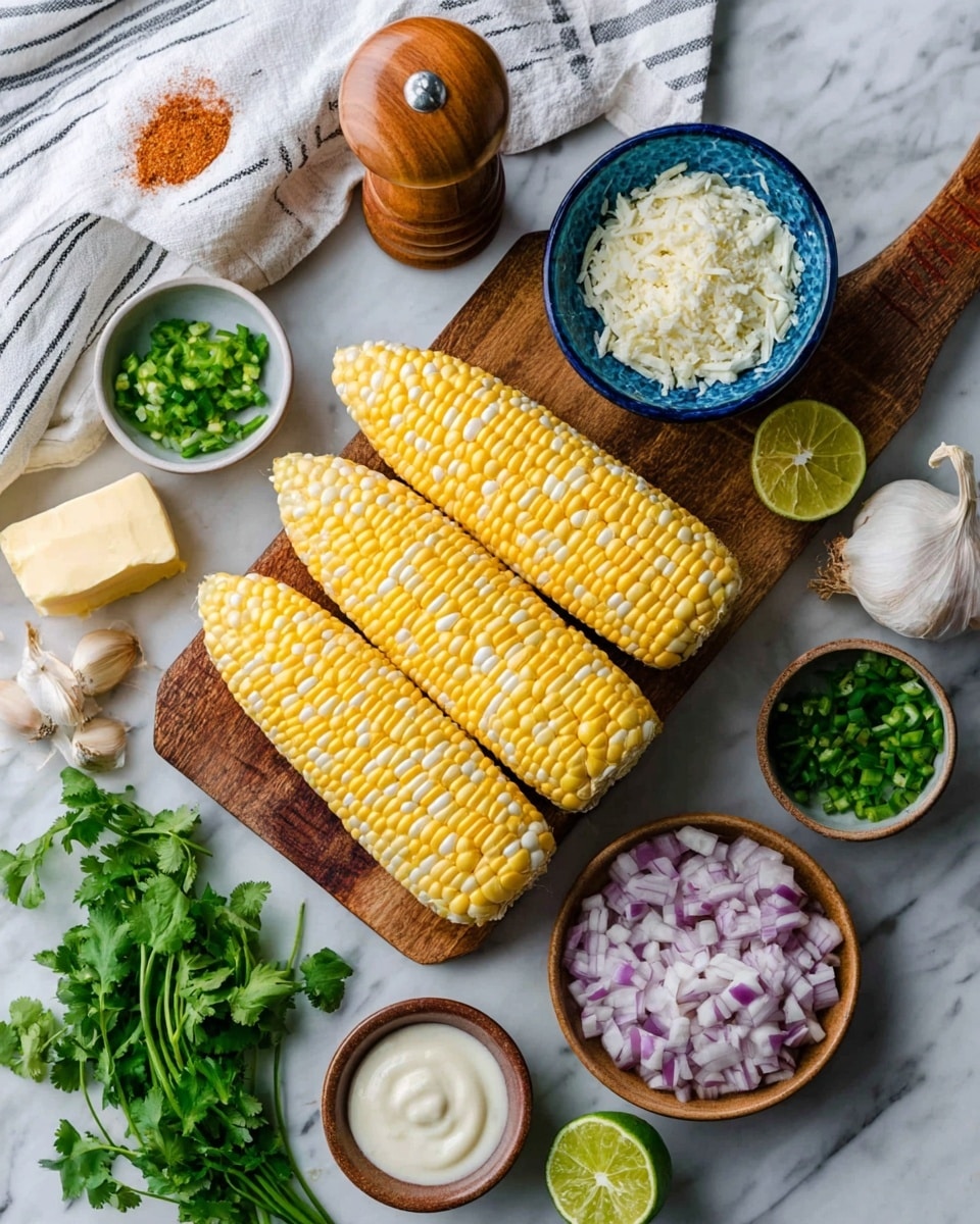 The image shows three yellow and white corn cobs stacked on a wooden board placed on a white marbled surface. Around the board, there are small bowls and ingredients arranged neatly: a blue bowl with finely chopped green chili, a white bowl with chopped red onions, a blue bowl with white grated cheese, and a small brown bowl with creamy white sauce. There is also a halved lime, a block of butter, garlic cloves, a wooden pepper grinder, and fresh green cilantro scattered on a white cloth with black stripes. A small wooden bowl with reddish spice powder is near the top edge. The setup looks fresh and colorful, with a focus on the corn and accompanying ingredients photo taken with an iphone --ar 4:5 --v 7