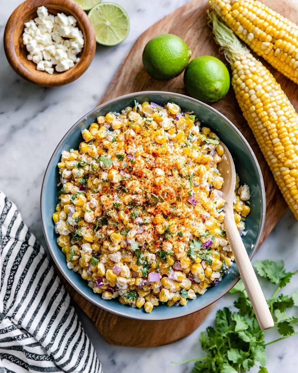 A blue bowl filled with a three-layer corn salad sits on a wooden board over a white marbled surface. The bottom layer is yellow and white corn kernels, mixed with small pieces of red onion and chopped green cilantro spread evenly. The middle layer is creamy and slightly white, likely a dressing drizzled lightly among the corn. The top layer has a sprinkling of orange-red seasoning and white crumbled cheese, scattered across the salad with a few cilantro leaves. A light beige spoon is placed inside the bowl, resting on the corn salad. Around the bowl, two halved limes, two whole ears of corn, a wooden bowl of white cheese, and fresh cilantro sprigs are placed casually. A white and black striped cloth is in the bottom left corner. Photo taken with an iphone --ar 4:5 --v 7