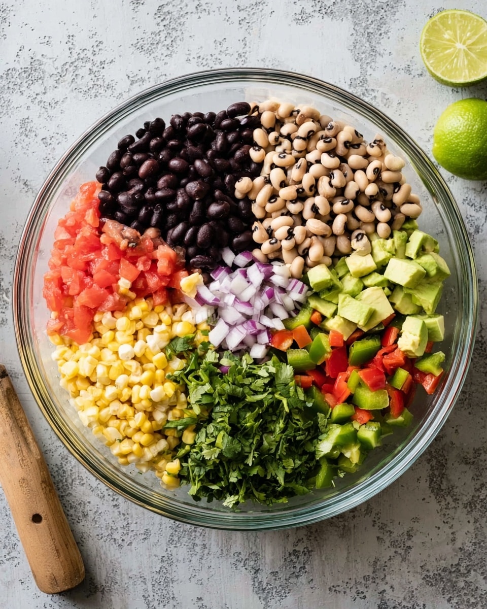 A clear bowl filled with seven visual layers of ingredients arranged separately in sections: top left is a dense layer of black beans, next to it on the right are beige black-eyed peas with black spots; top right shows small pieces of pale purple onion; beside them on the right side is a section of diced light green avocado. Below, there's a layer of small red diced tomatoes on the left, and next to it in the center is a bright green mix of chopped cilantro and jalapeno pieces. At the bottom left is a portion of creamy pale yellow corn kernels, and next to it on the right are small chunks of red and green bell peppers. The bowl sits on a white marbled textured surface, with a halved lime and a wooden utensil handle nearby. Photo taken with an iphone --ar 4:5 --v 7