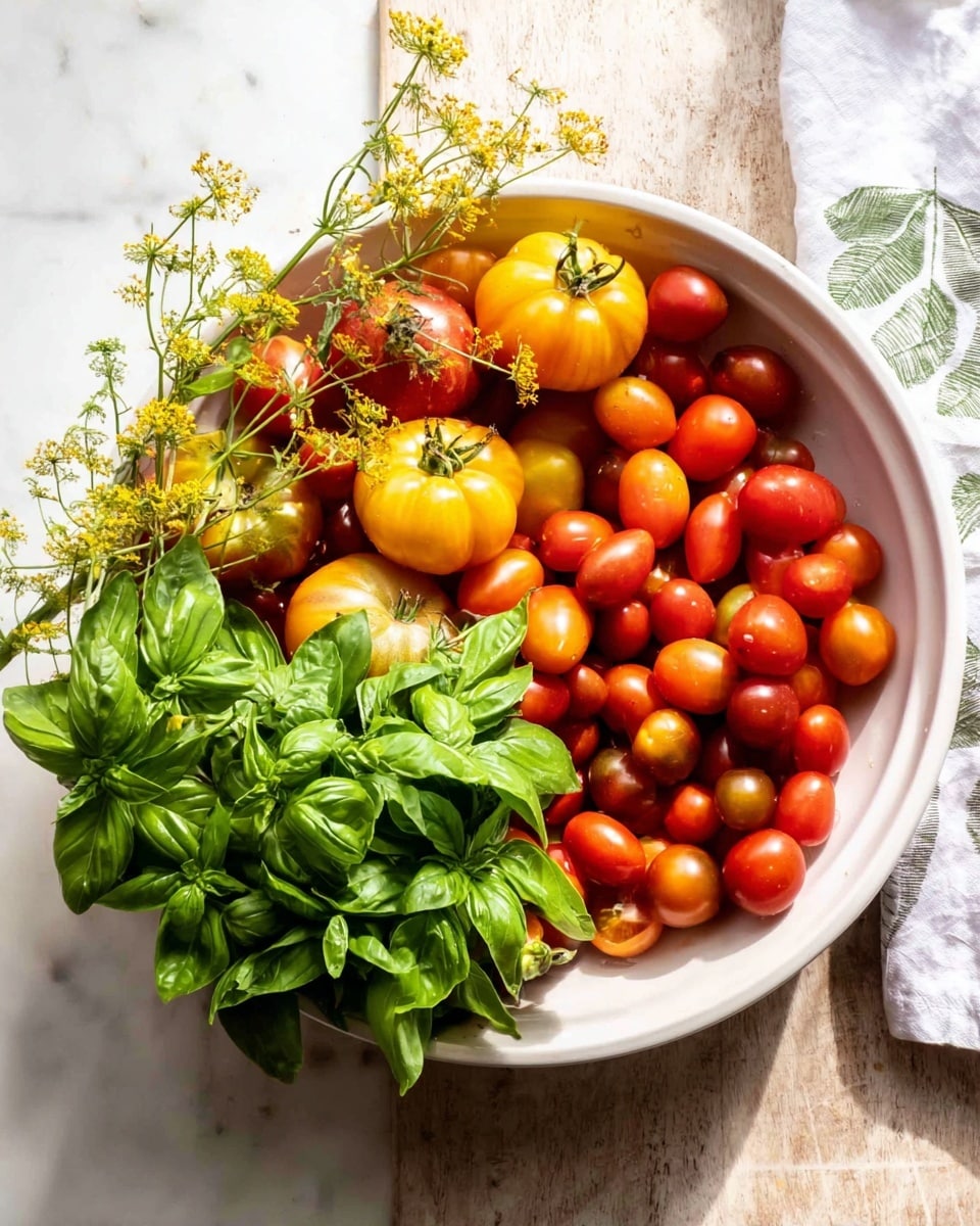 A large white bowl sits on a white marbled surface filled with a variety of fresh produce. The bottom layer is a mix of red and orange cherry tomatoes clustered together, showing smooth and shiny skins. On top of this, there are bigger yellow and red heirloom tomatoes arranged on the left side, with some thin green stems with small yellow flowers extending upward. On the right side, a dense bunch of fresh bright green basil leaves adds a contrasting texture and color. A soft white napkin with a subtle leaf pattern is placed to the top right of the bowl. The scene is bright with natural light giving the tomatoes a fresh and vibrant look. photo taken with an iphone --ar 4:5 --v 7