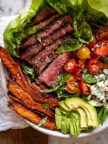 Sweet Potato Fry Steak Salad with Blue Cheese Butter Recipe