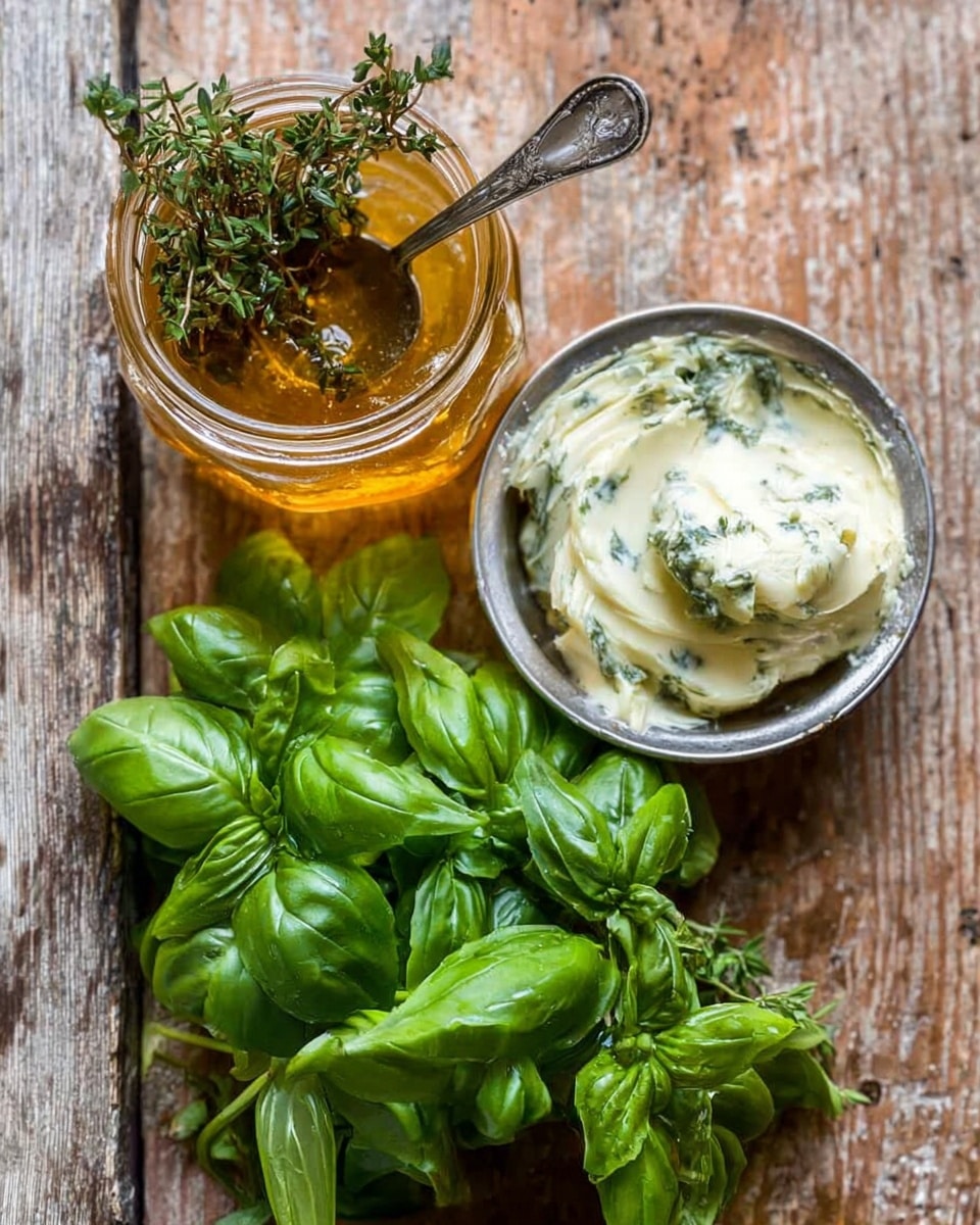 A top view of a small glass jar filled with golden honey with fresh green thyme sprigs inside and a spoon resting in the jar, next to a small silver cup filled with creamy white butter mixed with herbs giving it a slightly green speckled texture, below them is a bunch of large fresh bright green basil leaves arranged casually. All items are placed on a rustic wooden surface. photo taken with an iphone --ar 4:5 --v 7
