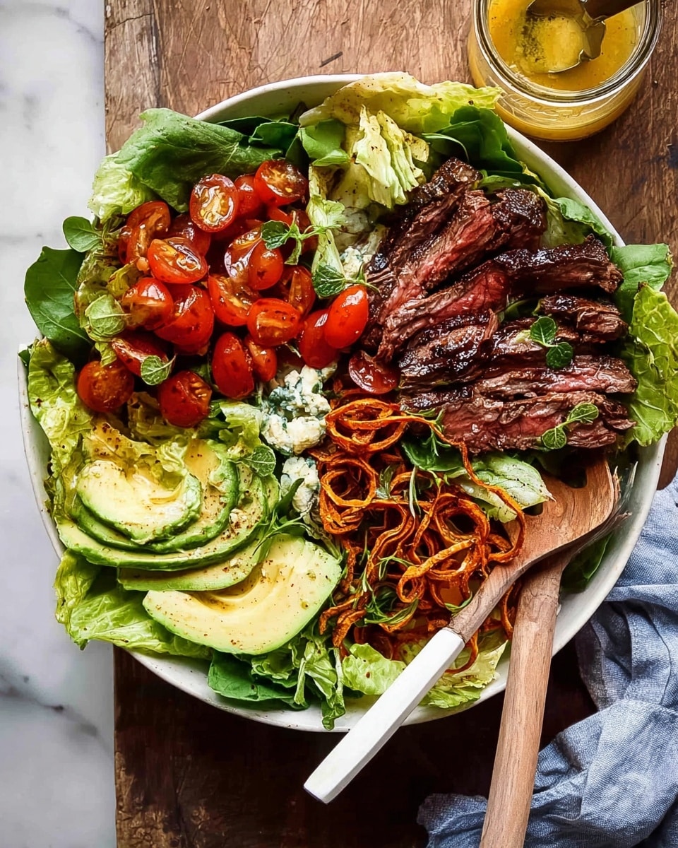 The dish is served in a white bowl on a white marbled surface. Starting from the left edge, there is a layer of large green leafy lettuce that forms the base. On top of the leaves, there are slices of medium-rare grilled steak showing a pink center with a dark seared crust, arranged in the middle. To the right of the steak is a bright mix of red cherry tomatoes, some whole and some sliced, with small green leaves scattered among them. At the bottom left, there are several strips of crispy, dark orange sweet potato fries with a coarse texture sprinkled with salt. On the right side of the bowl, there are wedges of green avocado and chunks of blue cheese with green leafy basil sprigs spread evenly on the dish. Photo taken with an iphone --ar 4:5 --v 7