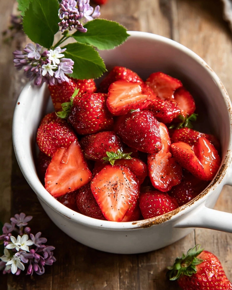 A white bowl filled with bright red strawberries, some whole and some cut in halves showing their fresh, juicy inside with a slight sheen. The strawberries have tiny black seeds and are sprinkled lightly with coarse black pepper. A few green leaves and purple flowers lean over the bowl from the top left, and small white flowers and extra strawberries sit near the bowl on a brown wooden surface. The bowl has a thick handle with a rustic look and some chips on the edges, adding a natural, homey feel. photo taken with an iphone --ar 4:5 --v 7