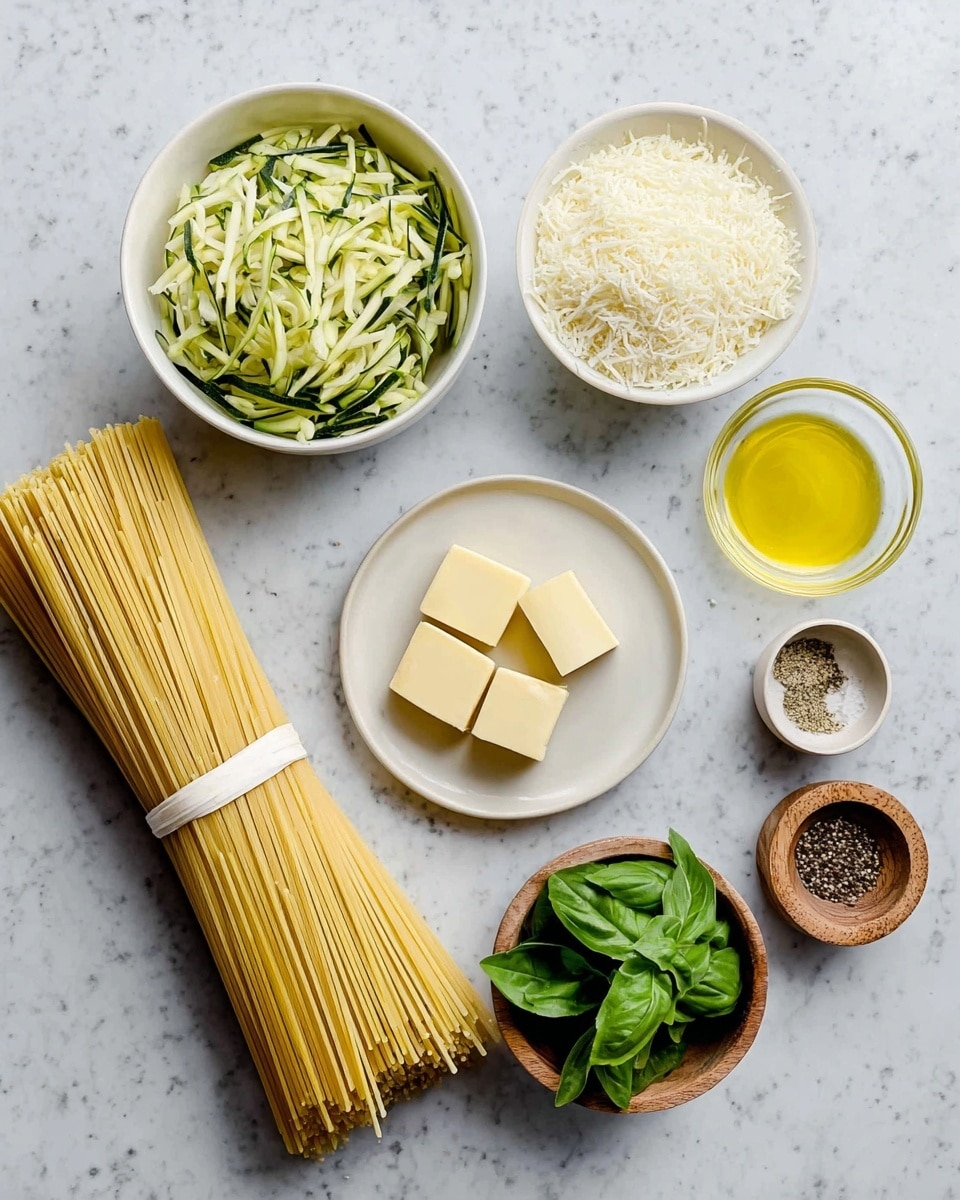 A bunch of dried pasta sticks tied with a white paper band lies in the center on a white marbled surface, surrounded by small white bowls and wooden bowls holding different ingredients: a bowl with pale yellow butter squares, another with shredded green zucchini, a speckled bowl full of finely grated white cheese, a wooden bowl with fresh green basil leaves, a small bowl with yellow grated zest, a bowl with coarse black pepper, a bowl of white salt, a bowl of sliced white garlic, and a clear glass bowl containing golden olive oil. photo taken with an iphone --ar 4:5 --v 7