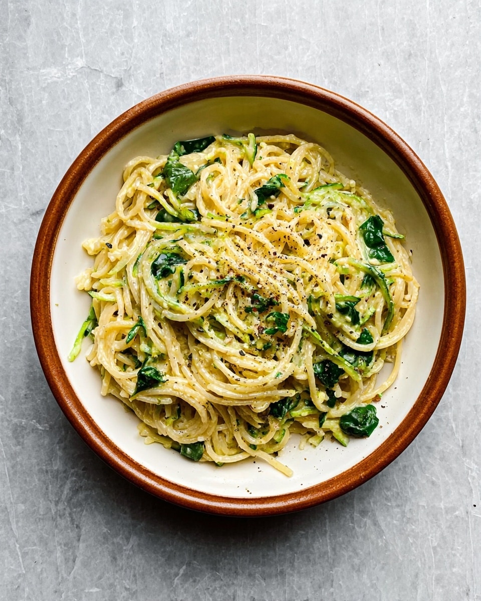 A white bowl filled with thick spaghetti noodles mixed with green spinach leaves and small pieces of light yellow grated zucchini, all coated in a creamy sauce. The spaghetti strands are loosely twirled, and there is a sprinkle of cracked black pepper over the top. The bowl rests on a white marbled surface. Photo taken with an iphone --ar 4:5 --v 7