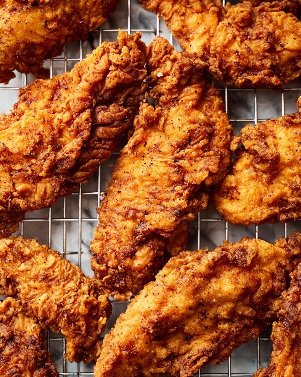 The image shows many pieces of golden brown fried chicken tenders arranged closely on a metal cooling rack. Each tender has a rough, crispy texture with uneven ridges and crunchy edges, showing a deep, warm orange-brown color from the fried batter. The background beneath the rack is a white marbled texture, giving a clean, bright look to the scene. photo taken with an iphone --ar 4:5 --v 7