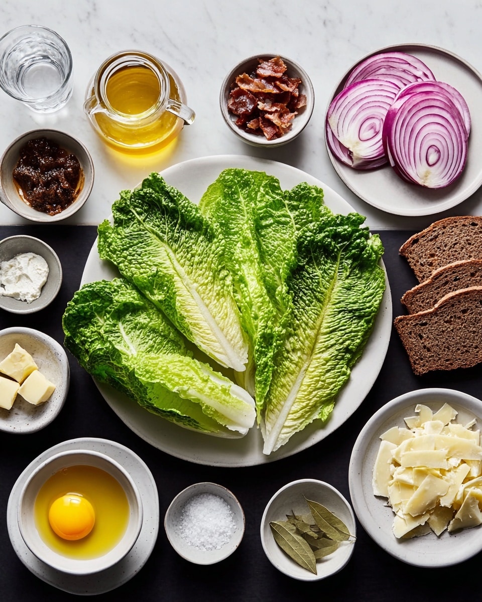 The image shows ingredients neatly arranged for making a salad on a white marbled surface. In the center, there is a white plate holding several fresh green romaine lettuce leaves stacked in a row, each leaf showing its natural texture and veins. To the left of the lettuce, there are small white bowls containing yellow liquid, chopped white garlic, and a clear glass of water, along with a small dish of bay leaves, cloves, and allspice, and a glass jug filled with brown liquid. To the right of the lettuce, a small bowl with a raw egg yolk is next to a white plate with two slices of dark brown whole grain bread. Above, there are five small bowls containing different ingredients including dark brown dressing, coarse salt, black pepper, thinly sliced red onions arranged in circles, and pale yellow shaved cheese. The setup is precise and clean, showcasing distinct colors and textures of fresh and dry ingredients photo taken with an iphone --ar 4:5 --v 7