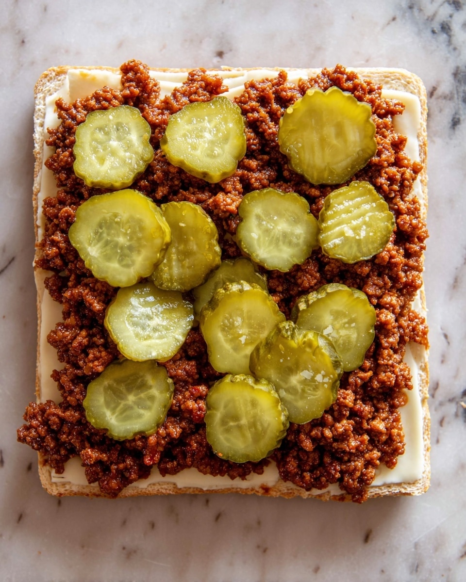 An open sandwich is shown from above on a white marbled surface. The bottom layer is a square piece of soft white bread with a rough crust. On top of the bread is a layer of white cheese with smooth edges covering the bread almost fully. Above the cheese, there is a thick layer of finely crumbled cooked meat that has a dark reddish-brown color and a moist texture. The top layer has many round pickle slices scattered evenly, bright green with light seeds and glossy skin, some with ridges and others smooth, creating a fresh contrast to the meat. Photo taken with an iphone --ar 4:5 --v 7