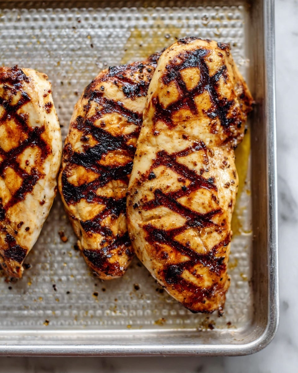 Three grilled chicken pieces lie close together on a silver baking tray. Each piece is golden-brown with dark, charred grill marks crossing diagonally. The texture looks slightly crispy on the outside with some small black pepper bits visible. The tray has a pattern of small raised bumps and some small spots of cooking juices around the chicken. The background is a white marbled texture photo taken with an iphone --ar 4:5 --v 7