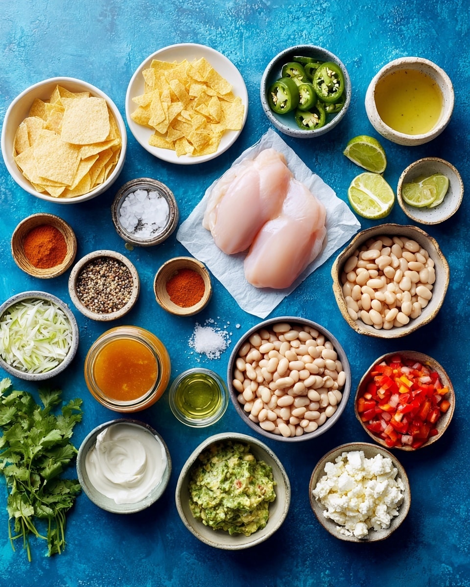 A blue surface holds many small bowls and plates with ingredients arranged neatly around two raw pale pink chicken pieces on white paper at the center. Moving clockwise from the top left, there are thin yellow tortilla strips in a white bowl, sliced green jalapenos in a dark bowl, pale yellow lime juice in a white ramekin, coarse black and white pepper in a small wooden bowl, white salt in a gray bowl, chunky green salsa in a white speckled bowl, white beans in a white speckled bowl, bright orange broth in a clear jar, small amount of red chili powder in a white ramekin, golden oil in a white ramekin, crumbly white cheese in a beige bowl, diced red bell peppers in a dark bowl, finely chopped white onions in a speckled bowl, creamy white sour cream in a speckled bowl, pale yellow minced garlic in a small white ramekin, brown spice powder in a gray bowl, thick green salsa in a clear bowl, sliced light green avocado in a white bowl, and fresh green cilantro bunch resting on the blue background. Photo taken with an iphone --ar 4:5 --v 7