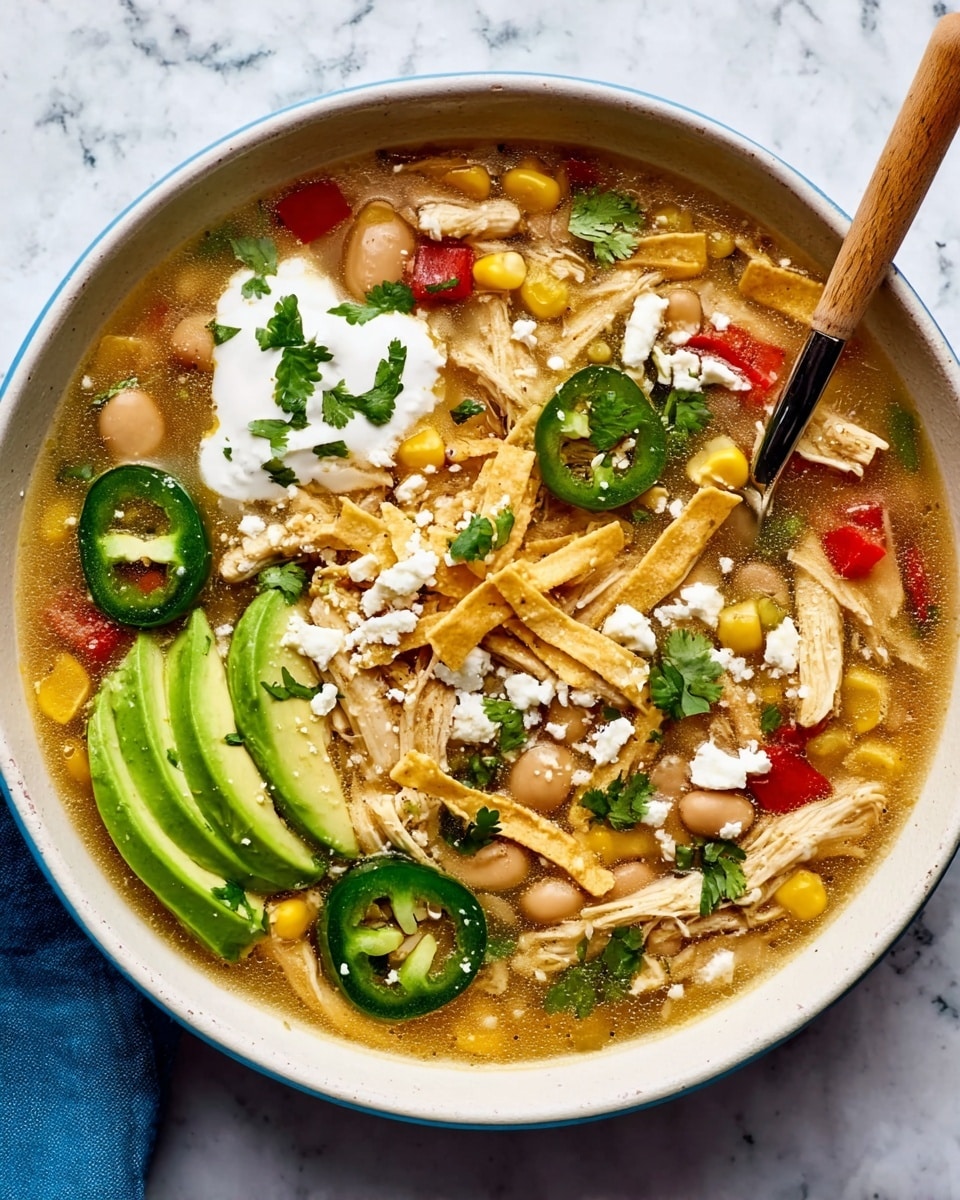 A white bowl filled with light brown broth layered with shredded white chicken and light beige beans, scattered yellow corn, and diced red bell peppers. On one side, three thin green slices of avocado lay beside crispy golden tortilla strips. There are thin slices of dark green jalapeño peppers and dollops of white sour cream on top. Small white crumbles of cheese and chopped green cilantro leaves are sprinkled over the entire dish. A spoon with a wooden handle rests inside the bowl, all set on a white marbled surface. photo taken with an iphone --ar 4:5 --v 7
