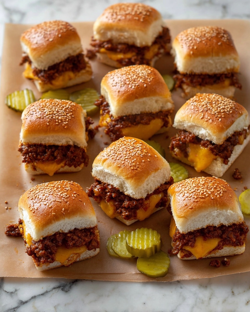 Nine small sandwiches are placed on brown parchment paper on a white marbled surface, each sandwich having three layers: a soft, golden-brown sesame seed bun top, a thick middle layer of dark brown ground meat with sauce and melted cheese, and a white bun bottom. Some sandwiches have slices of bright green pickles visible in the middle. Loose pickle slices are scattered around the sandwiches on the parchment. The sandwiches look warm and slightly messy with some meat and cheese peeking out. Photo taken with an iphone --ar 4:5 --v 7