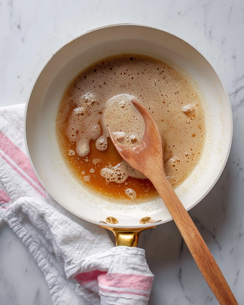 The image shows a white frying pan with a golden handle on a white marbled surface. Inside the pan, there is a layer of light brown liquid with some white foam bubbles scattered on top. A wooden spoon rests inside the pan on the right side, with a bit of the foam liquid on it. A white cloth with pink stripes is on the bottom left near the pan handle. The lighting highlights the smooth texture of the liquid and the natural grain of the wooden spoon. photo taken with an iphone --ar 4:5 --v 7