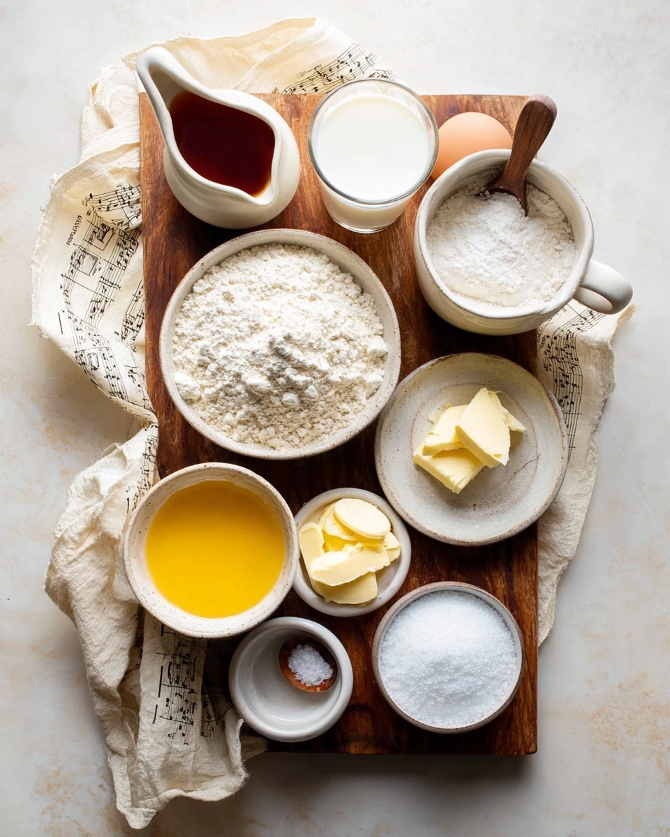 A wooden board lays on a white marbled surface, covered partially by cream-colored textured cloth and old music sheets. On the board, there are nine white bowls and containers arranged closely. At the top left, a small white jug holds a reddish-brown liquid. Next to it, a clear glass cup is filled with white milk. To the right of the glass is a small bowl with white powder and a wooden spoon resting inside. Below, a white bowl contains bright yellow melted butter. In the center, a larger white mug is filled with white flour and topped with a small dish of salt. To the right, a white plate holds a single brown egg. Below, a small bowl contains a few slices of pale yellow butter. At the bottom left is a small bowl with a little dark liquid and some foam, and finally, a white bowl filled with granulated white sugar rests at the bottom right. photo taken with an iphone --ar 4:5 --v 7