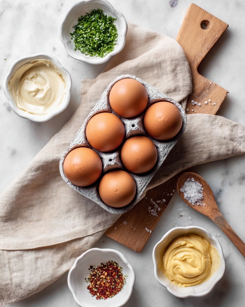 The image shows six brown eggs in a grey carton placed on a beige cloth on a wooden cutting board, all set on a white marbled surface. Around the eggs, there are six small white bowls and cups with different ingredients: finely chopped green herbs in a white scalloped bowl in the top center, smooth yellow mustard in a white bowl to the right, and a small wooden spoon with coarse salt below the eggs. To the left, there is a bowl with creamy white mayonnaise, and below that, a white cup with a mix of red, black, and white spices. The colors are soft and natural, and the scene is bright and clean. Photo taken with an iphone --ar 4:5 --v 7