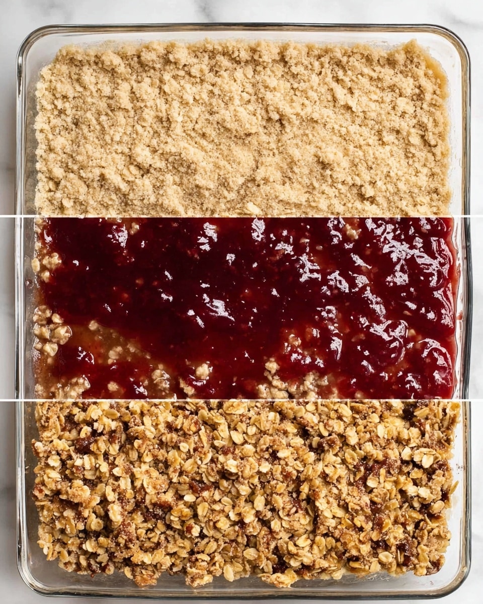The image shows a three-step layering process of a fruit crumble dessert in a clear glass baking dish. The first layer is a thick, rough-textured beige oat mixture pressed evenly into the bottom, with visible large oat pieces covering the layer. The second layer is a dark red, sticky fruit jam spread smoothly across the oat base, with a glossy and slightly uneven surface. The top layer is a golden-brown oat crumble topping, made of larger oat clusters mixed with small chunks, covering the entire surface and showing a crumbly, crisp texture. The dish is set on a white marbled surface. Photo taken with an iphone --ar 4:5 --v 7