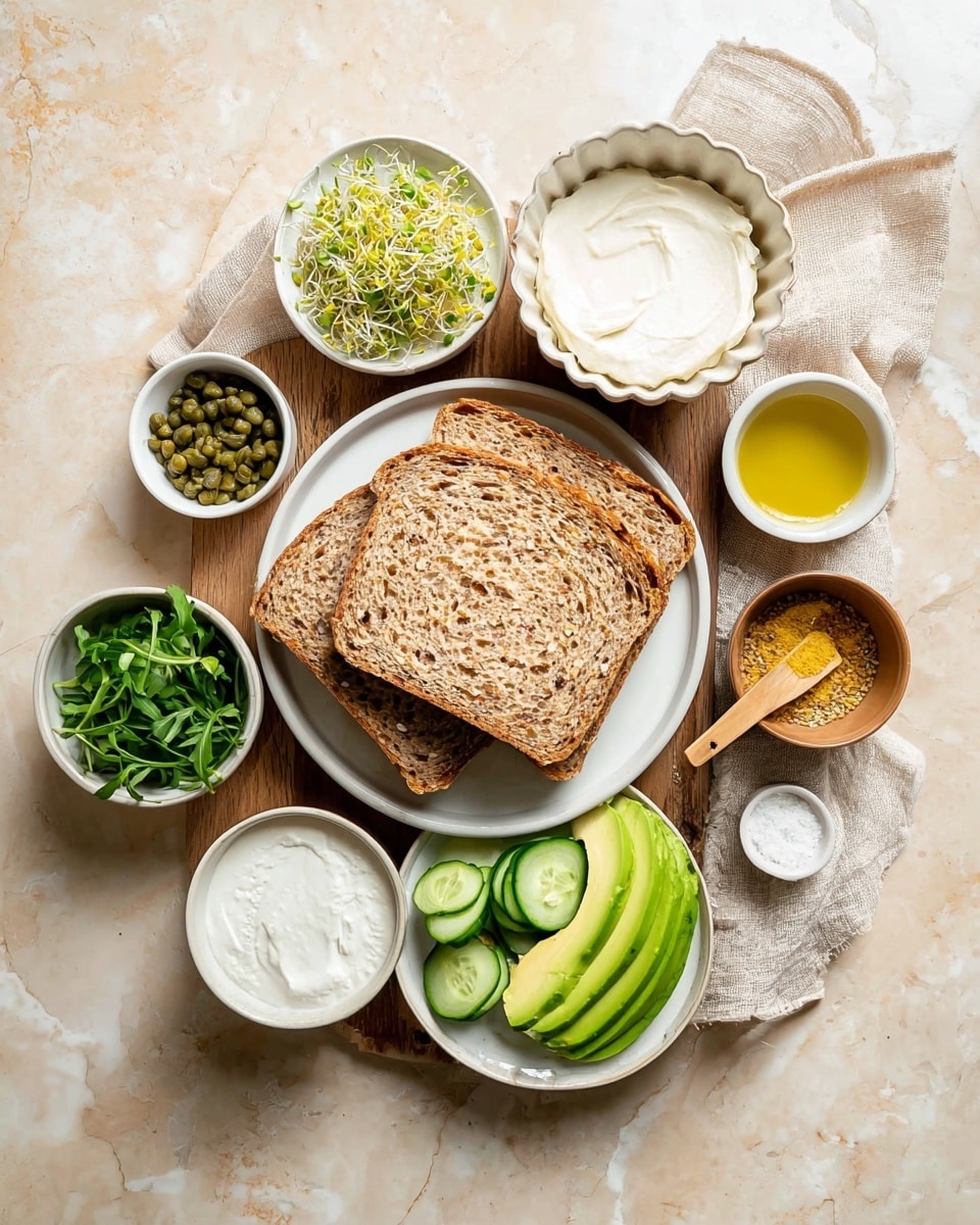 The image shows a white round plate with four slices of multi-grain brown bread stacked slightly overlapping in the center, placed on a wooden board. Around the plate are small white bowls and containers holding various sandwich ingredients: on the top left, light green and yellow sprouts in a bowl; next to it, a scalloped white bowl with creamy white spread; near the top right, a small bowl containing a pale yellow liquid, a wooden spoon with yellow zest, and a small brown bowl with chopped green herbs. Below these, a bowl with thin cucumber slices and another bowl with fresh green arugula leaves sit side by side. Towards the bottom of the board are thin slices of green avocado fanned out in a white bowl, and a white bowl with a smooth white creamy spread. There is a small white cup with green capers and another small white cup with olive oil on the left side. Everything rests on a white marbled surface with a light beige linen cloth visible under the wooden board. Photo taken with an iphone --ar 4:5 --v 7