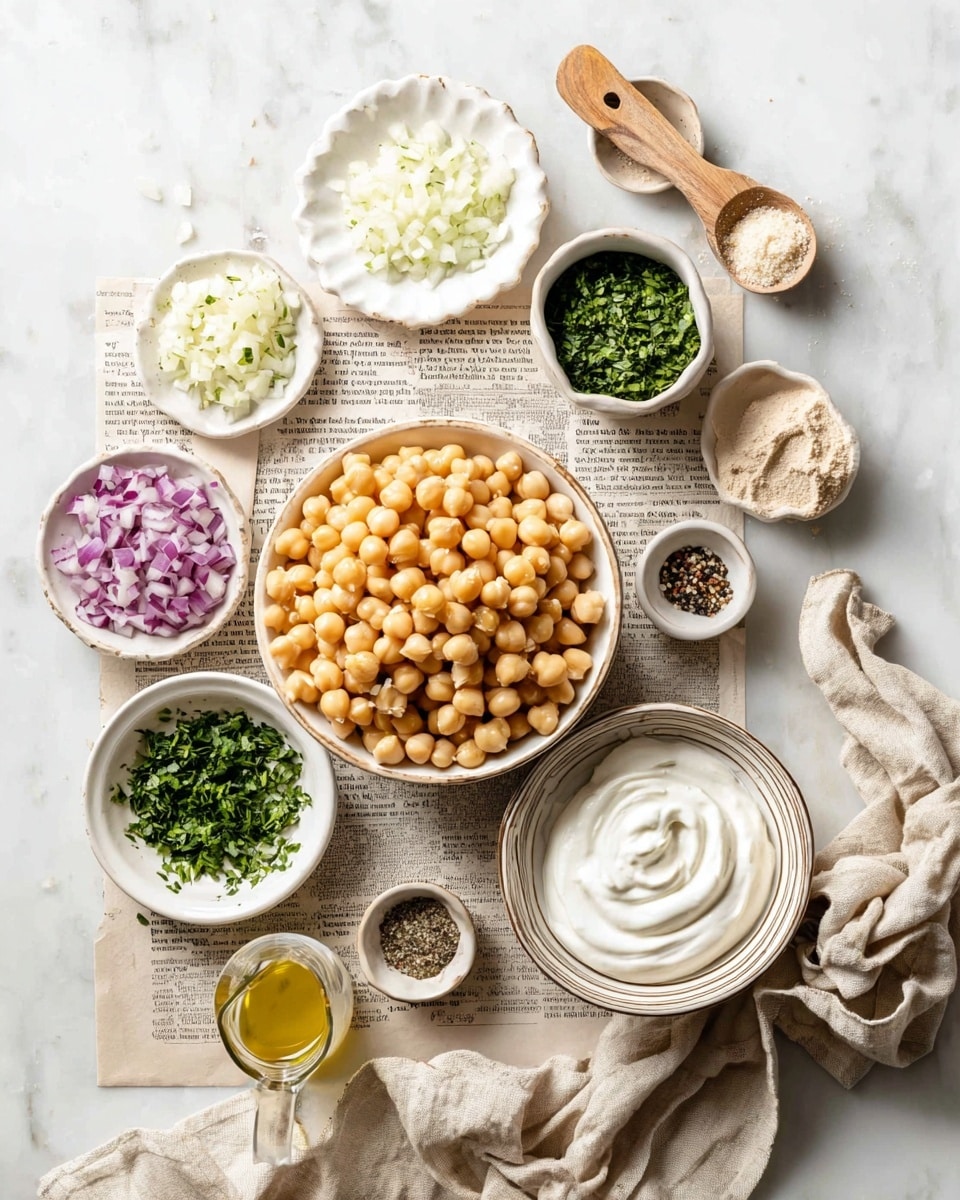 A white bowl filled with light beige chickpeas is the center layer, surrounded by six smaller white dishes and containers with different ingredients. At the top left, a scoop holds finely chopped white onions on a small round white marbled plate. To the top right, a white cup is filled with chopped green herbs. Next to it is a wooden spoon with a pale powder. Below the green herbs, a small oval white bowl contains finely diced reddish-purple onions. To the right of the chickpeas, a white dish holds a small amount of black pepper and salt. Below this, a larger white bowl with vertical stripes on the edge is filled with thick white yogurt or cream, topped with a small swirl. At the bottom left, a small white scalloped bowl holds chopped dark green herbs, and next to it is a small pitcher with light yellow oil. All dishes and objects are arranged on a newspaper on a white marbled surface with a soft beige cloth draped nearby. Photo taken with an iphone --ar 4:5 --v 7