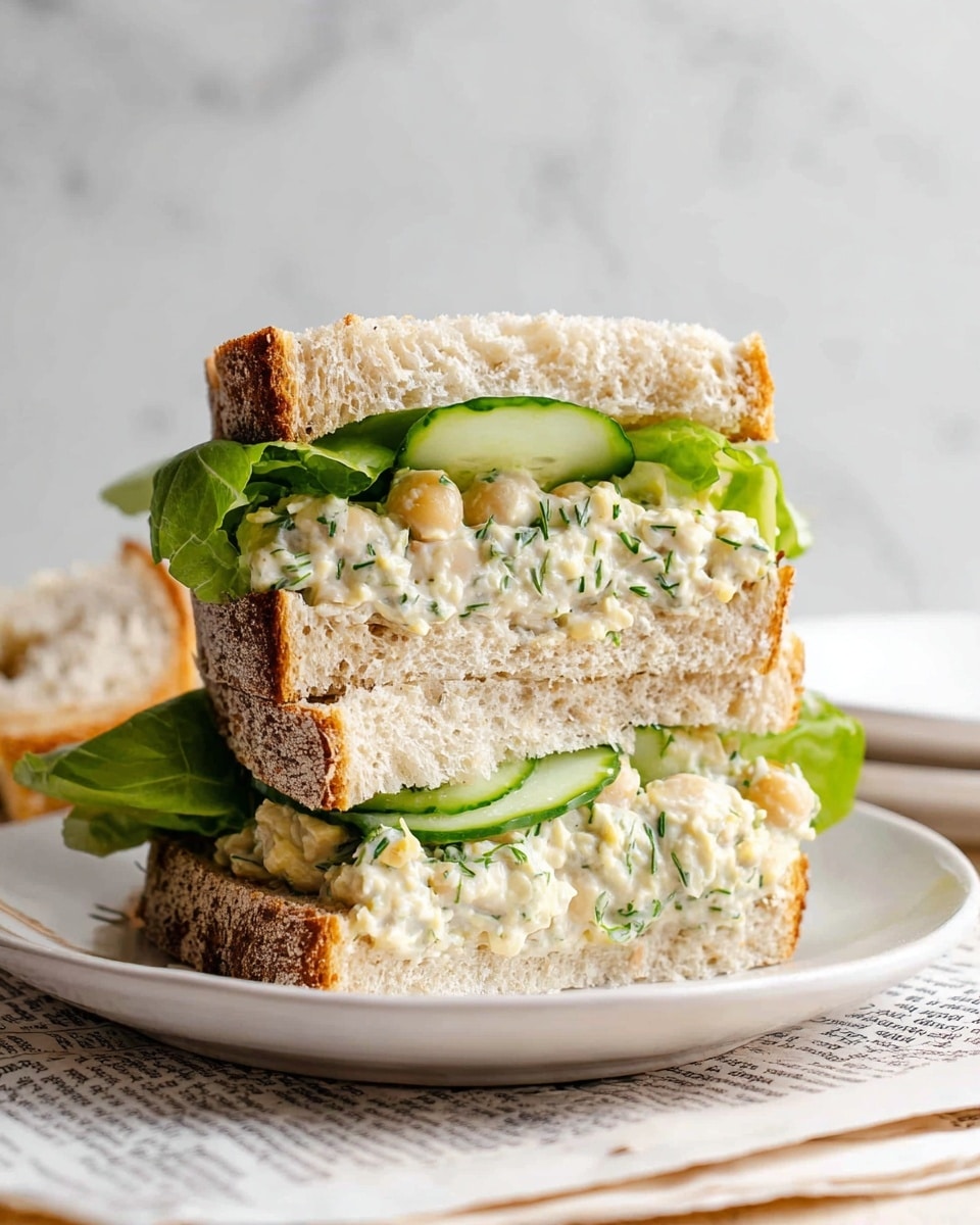 A sandwich stacked in two layers sits on a white plate over some newspaper on a white marbled surface. The bottom layer has thick, airy bread slices with a crusty edge. Between the bread slices is a creamy chickpea salad mixed with green herbs and small white chunks, topped with bright green lettuce leaves and thin slices of light green cucumber. The top layer mirrors the bottom: airy bread, creamy chickpea salad with herbs, lettuce, and cucumber slices. The sandwich looks fresh with soft textures and light colors. photo taken with an iphone --ar 4:5 --v 7
