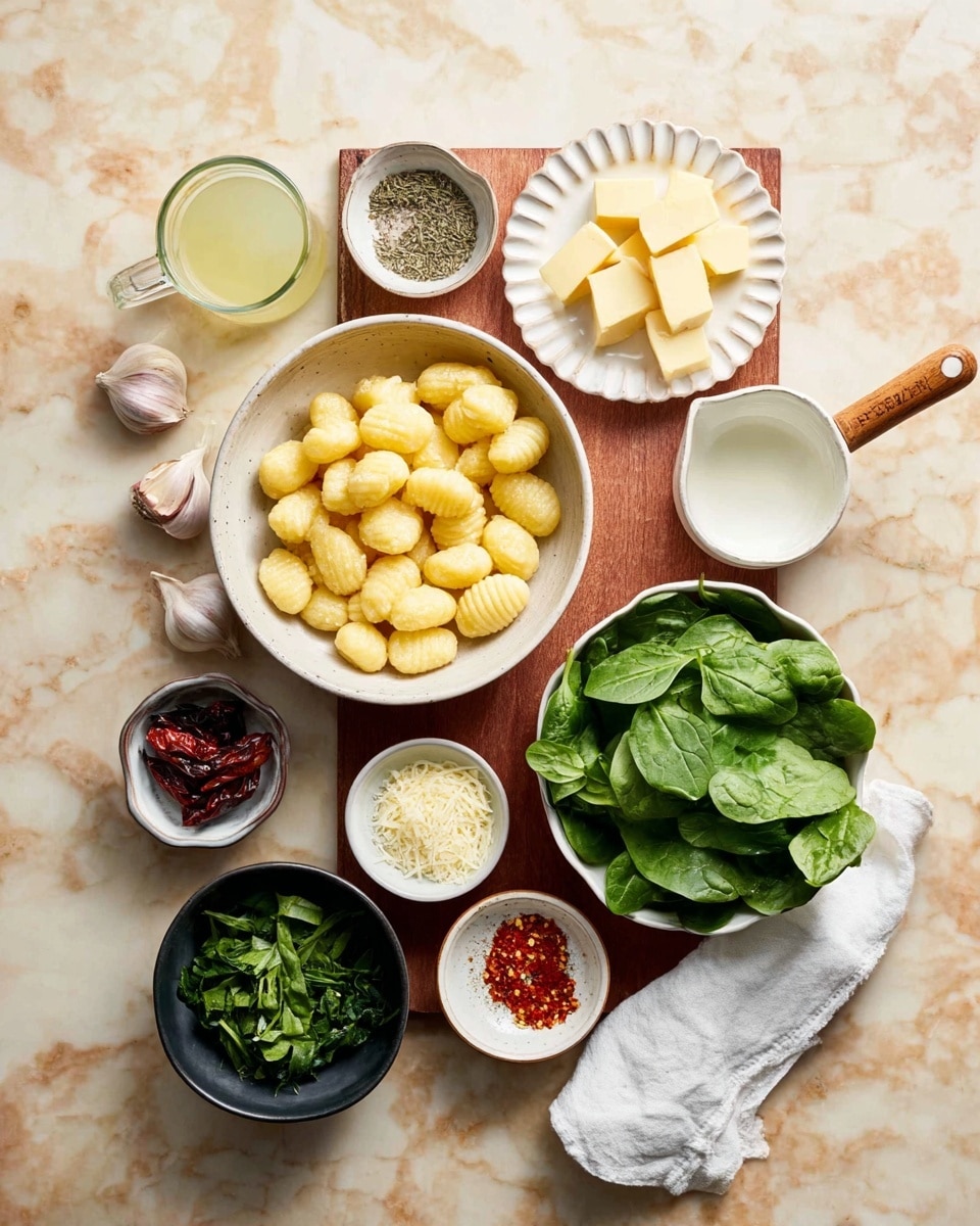 A top-down view of multiple small bowls and a cup arranged on a wooden board, placed on a white marbled surface. The largest bowl contains yellow gnocchi with ridged textures, and a small white dish with black pepper is placed on its edge. To the right, a white bowl holds fresh green spinach leaves with smooth textures. Above the bowls, a small white scallop-edged dish holds cubes of yellow butter, next to a glass cup filled with a light yellow liquid. A small grey bowl with dried herbs sits next to the cup, while a white measuring cup with a wooden handle contains a white liquid on the top right. Below the spinach, a small bowl contains grated cheese and a pinch of red chili flakes. A black bowl features fresh chopped green herbs, and two whole garlic cloves rest beside it on a white cloth napkin. A small bowl with dark red sun-dried tomatoes is near the bottom left of the board. The overall arrangement is neat and well lit. photo taken with an iphone --ar 4:5 --v 7