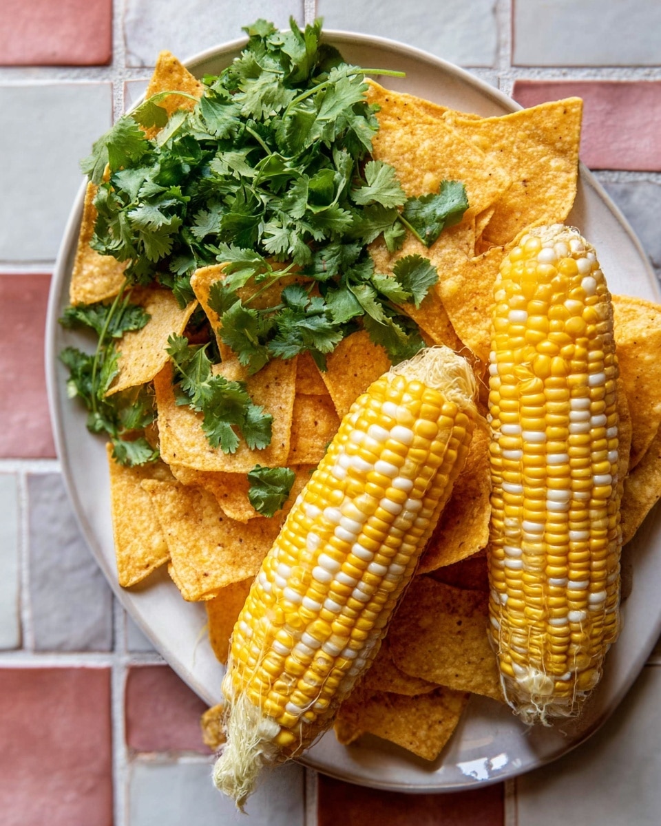 The image shows a white plate filled with golden-yellow crispy tortilla chips arranged in a loose pile as the bottom layer, topped with fresh green cilantro leaves scattered over the chips. On top of the chips and cilantro, two ears of bright yellow and white fresh corn with kernels tightly packed are placed side by side, with some cilantro leaves resting on the corn. The plate is set on a white marbled textured surface with soft pink and gray tiled patterns partially visible in the background. Photo taken with an iphone --ar 4:5 --v 7