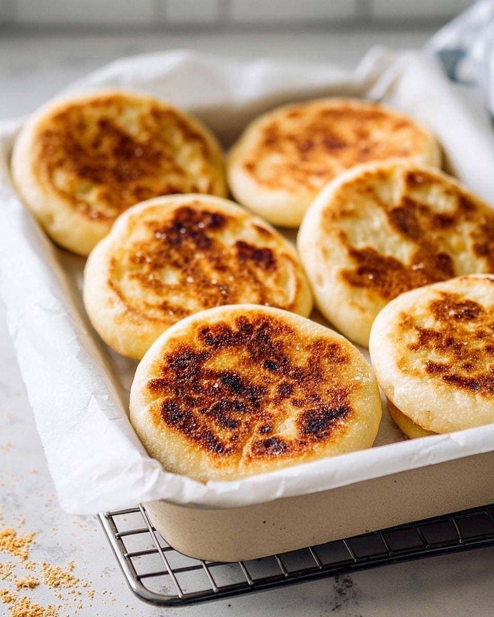 The image shows a white rectangular tray lined with parchment paper, filled with seven golden brown round flatbreads arranged in two rows. Each flatbread has a slightly crispy, browned top layer with a soft, pale underside visible on some. The tray rests on a cooling rack that is placed on a white marbled surface lightly sprinkled with crumbs. The background is softly blurred, keeping attention on the warm, toasted flatbreads. Photo taken with an iphone --ar 4:5 --v 7