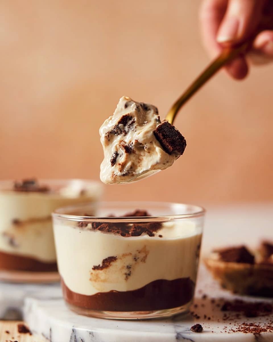 A close-up of a spoon lifting a creamy dessert showing two visible layers inside a clear glass bowl sitting on a white marbled surface. The bottom layer is dark brown with a soft, smooth texture, and the top layer is a thick, pale beige cream with chunks of dark brown mixed in. Behind, there is a blurred second clear bowl similarly layered, and some scattered dark brown crumbs on the white marbled surface. A woman's hand holds the golden spoon from the right edge of the image. The background has a soft peach color. photo taken with an iphone --ar 4:5 --v 7
