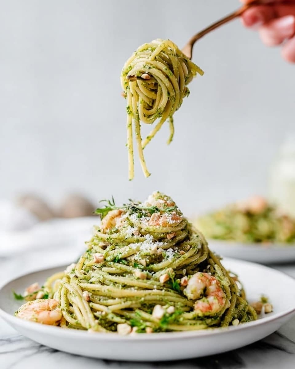 A white-handled black pan sits on a white marbled surface with spaghetti pasta mixed with green pesto sauce, evenly coated and tangled in the pan. Small cooked shrimp in light pink are spread throughout the pasta, along with small chunks of white cheese scattered on top. Two shiny gold forks rest inside the pan on the right side, partially twirling the spaghetti. In the bottom right corner, two clear glasses filled with light yellow liquid sit on the white marbled surface. A soft beige cloth is placed near the pan's handle. photo taken with an iphone --ar 4:5 --v 7