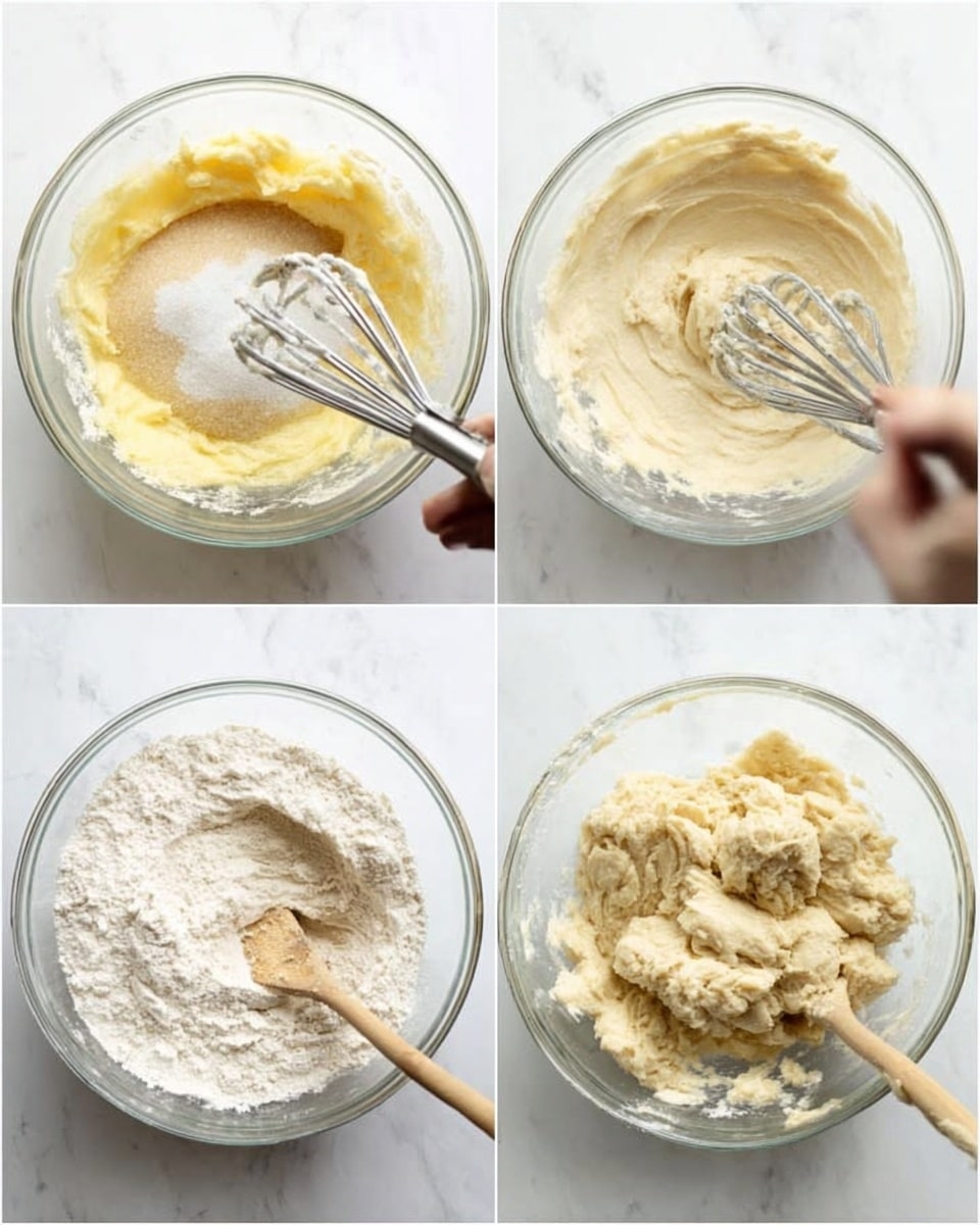 A collage of four images shows the steps of mixing dough in a clear glass bowl, placed on a white marbled surface. The top left image shows creamy yellow butter with sugar being added on top, with a woman's hand holding metal beaters resting in the bowl. The top right image shows a smooth creamy mixture stirred with the beaters inside the same glass bowl. The bottom left image shows the addition of white flour onto the creamy mixture, with the metal beaters still inside the bowl. The bottom right image shows light beige dough forming clumps in the bowl, being mixed with a wooden spoon. Photo taken with an iphone --ar 4:5 --v 7