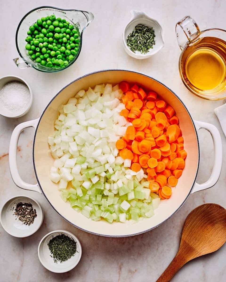 The image shows a white pan on a white marbled surface filled with four main layers: diced white onions in the top left, thinly sliced bright orange carrots on the right, small green celery slices on the bottom left, and minced white garlic pieces layered in the center on top of the carrots. Around the pan, there is a glass measuring cup with green peas at the top left, a measuring cup with white cream below it, three small white bowls containing green herbs and black and white seasonings near the bottom left, a white measuring scoop filled with white powder on the top right, a clear glass measuring cup with a golden liquid just below, and a wooden spoon resting on the white marbled surface on the right side. The overall scene is bright and clean, with each item placed neatly. Photo taken with an iphone --ar 4:5 --v 7