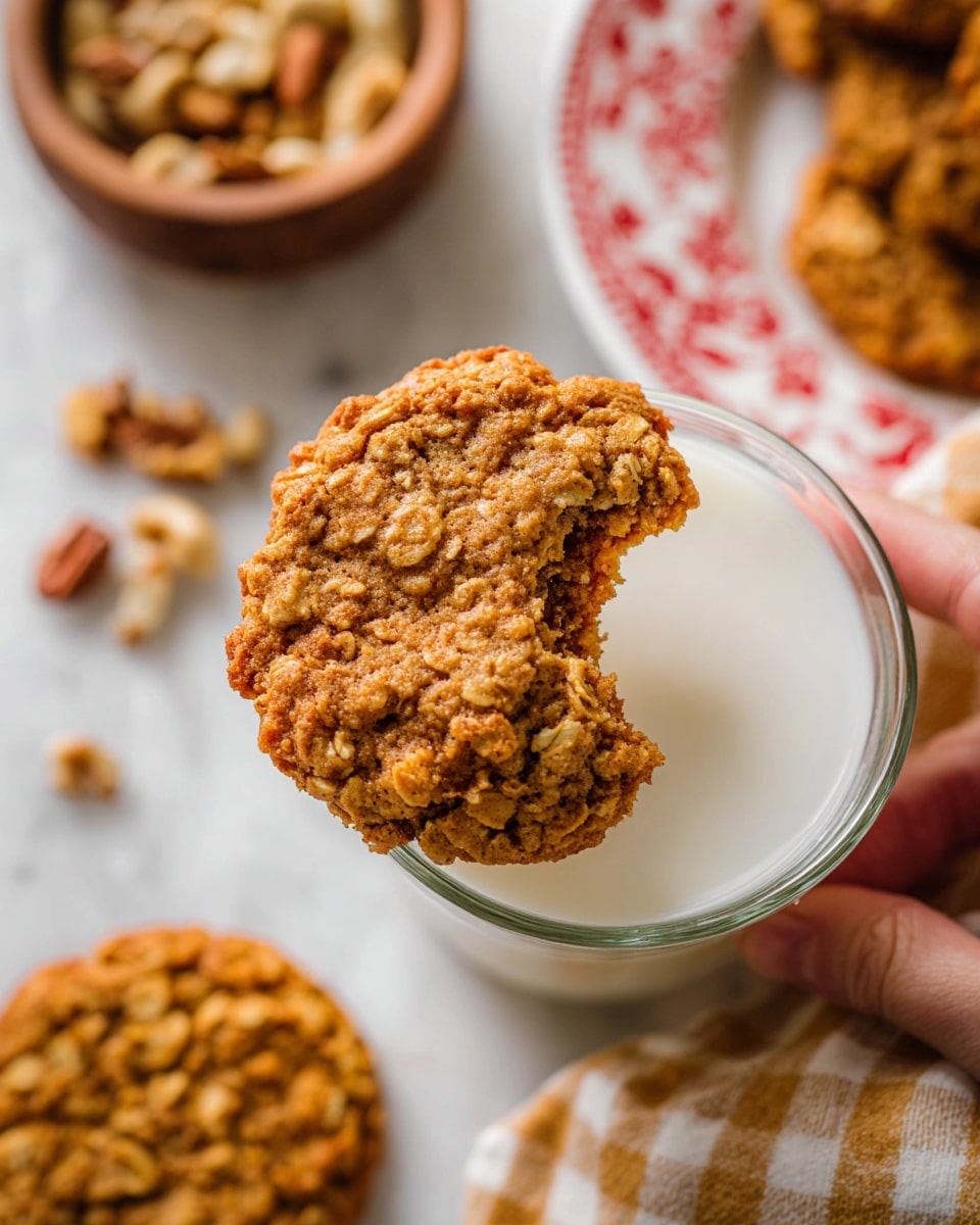 A close-up view of a round oatmeal cookie with a rough, crumbly texture and visible oats, held by a woman's hand above a clear glass that is half full with white milk. The cookie has a golden-brown color with darker brown spots, showing a bite taken out of its side. In the background, a white marbled surface holds a white plate with red patterns and other similar oatmeal cookies scattered around. There is also a wooden bowl filled with nuts and a beige checkered cloth visible. Photo taken with an iphone --ar 4:5 --v 7