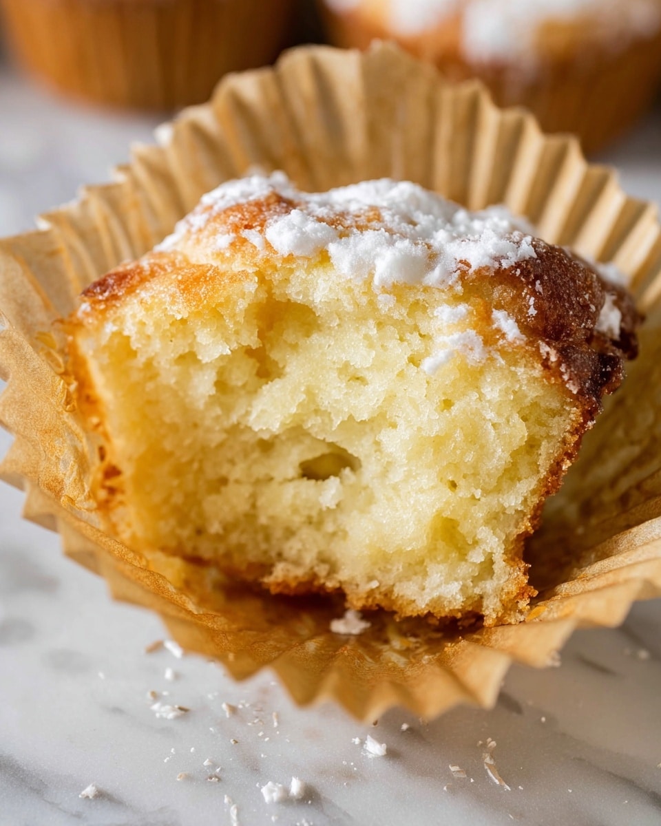 A close-up of a light yellow muffin with a soft, moist texture and a slightly browned top, placed in a light brown paper cupcake liner that is opened around it. The top has a dusting of white powdered sugar, adding a fine texture contrast. The muffin crumb inside looks airy and tender, with small holes visible. It rests on a white marbled surface that adds a subtle elegant background with a smooth, clean look. photo taken with an iphone --ar 4:5 --v 7