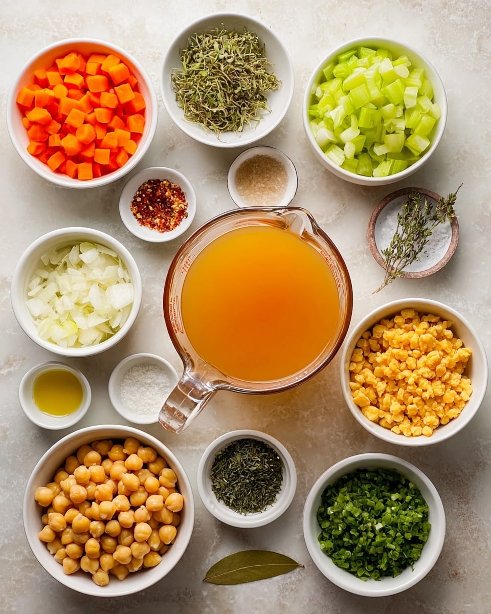 This image shows 12 small white bowls and one glass measuring cup arranged on a white marbled surface. At the center is a glass measuring cup filled with orange broth. Surrounding it are bowls with chopped orange carrots, chopped green celery, cooked yellow chickpeas, finely chopped green herbs, diced white onions, red pepper flakes, dried thyme, a bay leaf, minced garlic, olive oil, lemon juice, and a mix of salt and black pepper. The bowls are evenly spaced, showing a clear view of each ingredient's vibrant color and texture. Photo taken with an iphone --ar 4:5 --v 7