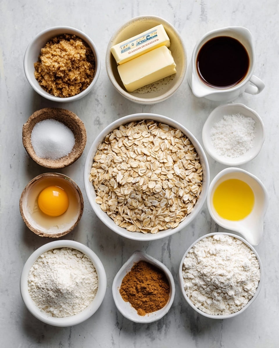 The image shows a top view of various baking ingredients arranged neatly on a white marbled surface. In the center, there is a white bowl filled with light brown rolled oats. Surrounding it, starting from the top left and moving clockwise, there is a white bowl filled with dark brown sugar, a small white bowl with dark liquid (likely vanilla), a tiny rustic bowl of white salt, a white bowl with white granulated sugar, a small white bowl with a yellow separated egg yolk, a white cup with a whole egg, a white bowl with white flour, two sticks of butter with yellow wrappers, a small white bowl containing a brown spice (probably cinnamon), a white bowl with white sugar, another small white bowl with an off-white powder (possibly baking soda), and finally another white bowl with a light brown spice or powder (like nutmeg). The ingredients are arranged in a circle around the central bowl of oats, creating a balanced and organized look. photo taken with an iphone --ar 4:5 --v 7