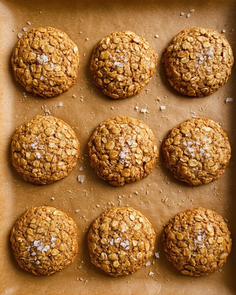 The image shows eight round oatmeal cookies placed evenly on brown parchment paper on a tray. Each cookie is golden brown with a rough, textured surface made of oats and small cracks. Some cookies have a few flakes of coarse salt sprinkled on top, adding white spots on the textured golden surface. The cookies vary slightly in shade, with some being a bit darker and more baked than others. The overall scene feels warm and freshly baked, with the cookies looking soft and thick. The tray underneath has a warm tone that complements the cookies. photo taken with an iphone --ar 4:5 --v 7