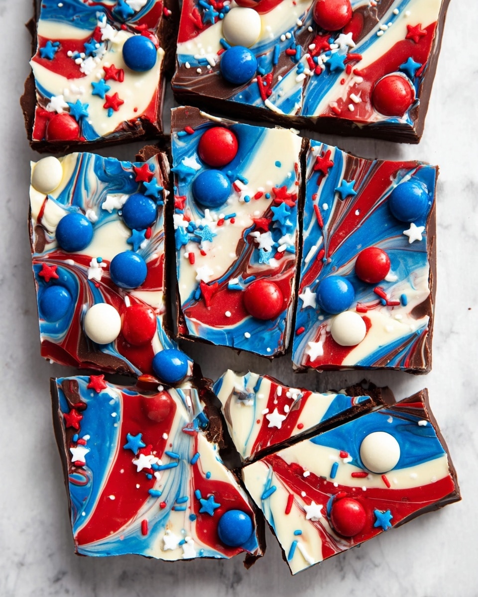The image shows a large chocolate bark broken into 14 pieces arranged closely together on a white marbled surface. The bark has a thick dark brown chocolate base with a thick top layer of white chocolate swirled with bold red and blue colors, creating a marbled pattern across all pieces. Scattered on top are round candy-coated chocolates in red, white, and blue, and tiny red, white, and blue star-shaped sprinkles that add texture and depth. The colors and decorations give the bark a festive and vibrant look. photo taken with an iphone --ar 4:5 --v 7