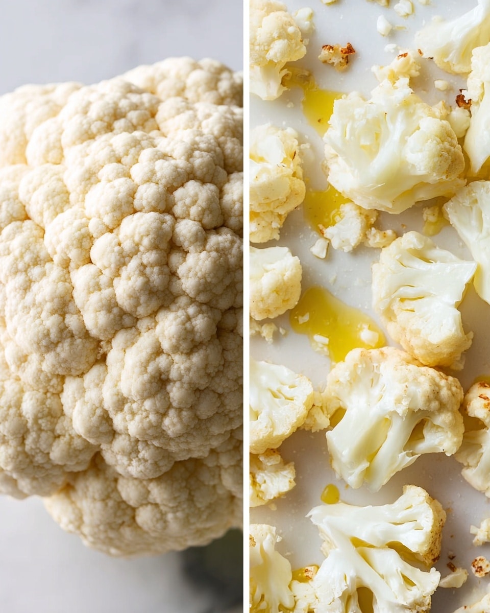 Two images side by side show fresh cauliflower. On the left, a close-up of a whole cauliflower head with creamy white, tightly packed, bumpy florets in the center of a white marbled surface. On the right, cauliflower pieces are scattered on a white marbled surface, showing many small creamy white florets with a light yellow drizzle of oil on top, along with some small crumbly bits around them. photo taken with an iphone --ar 4:5 --v 7