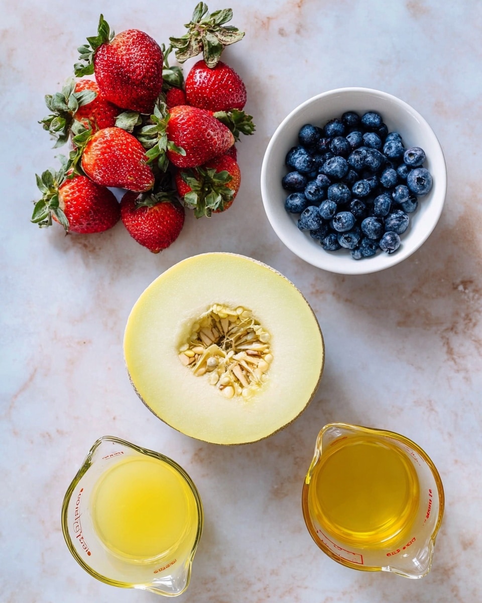 The image shows a white marbled surface with several fresh ingredients placed on it. On the left side, there is a cluster of bright red strawberries with green leafy tops. To the upper right, there is a small white bowl filled with plump, dark blue blueberries. Below the blueberries is a half of a yellow melon, showing its pale inner flesh and seeds in the center. At the bottom left and right corners, there are two clear glass measuring cups filled with light yellow and slightly darker yellow liquids. photo taken with an iphone --ar 4:5 --v 7