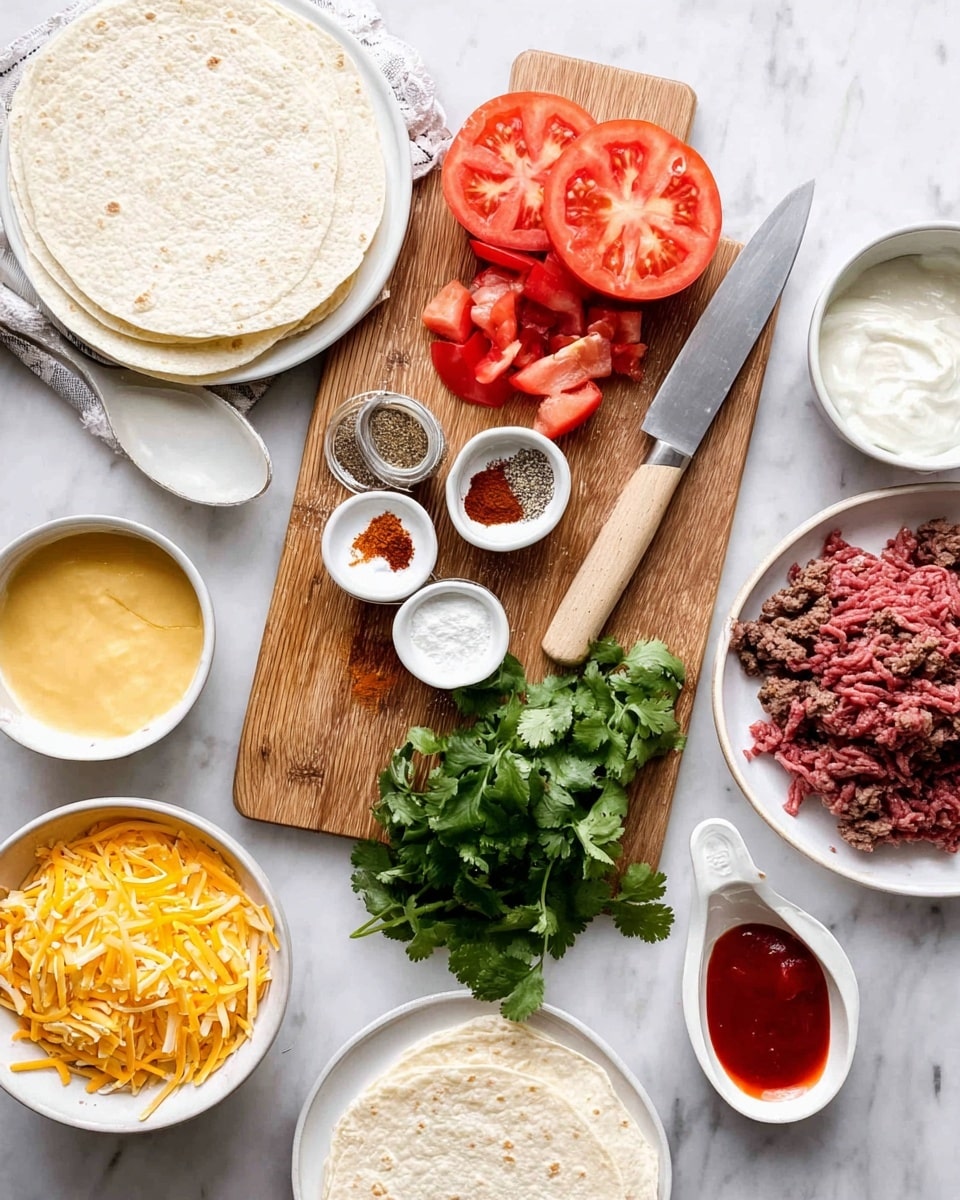 The image shows a top view of ingredients for making tacos, arranged on a white marbled surface. At the center is a small wooden cutting board holding fresh cilantro sprigs, two thick slices and diced pieces of red tomato, and a small white bowl with five different spices in separate piles including paprika, black pepper, and salt. A large knife with a light wooden handle rests on the cutting board. Around this, several white bowls are placed containing ground raw beef, shredded cheese, sour cream, and a creamy yellow sauce. Two white plates are visible, each holding a soft tortilla. A white measuring spoon with red sauce sits next to the cutting board. Photo taken with an iphone --ar 4:5 --v 7