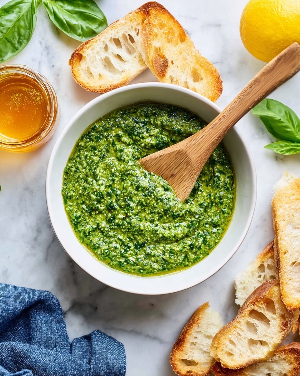 A white bowl sits on a white marbled surface holding a thick green pesto sauce that fills the bowl about three-quarters full, showing a slightly chunky texture with visible bright and dark green bits. A light wooden spoon with a smooth, rounded handle rests upright in the sauce, partially dipped in the middle. Surrounding the bowl are several slices of lightly toasted baguette with a crisp golden-brown edge and a soft interior full of small holes. Green basil leaves and a whole lemon with a small brown spot lie near the bowl. A small jar of honey with a golden amber color is placed nearby, and a blue cloth is casually pressed on the lower right corner of the frame. photo taken with an iphone --ar 4:5 --v 7