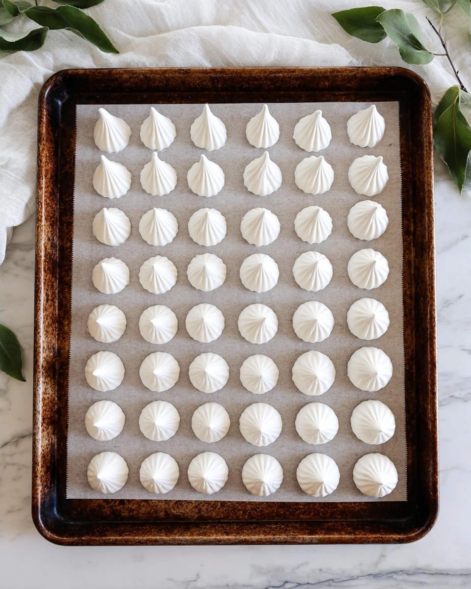 The image shows a rusty metal tray lined with white parchment paper, filled with evenly spaced small drops of white meringue batter arranged in neat rows. The left side of the tray holds pointed, conical meringue shapes with a glossy and smooth texture, arranged in five vertical columns. To the right side, there are rounder, dome-shaped meringue drops with a matte finish, also in five vertical columns. The tray is placed on a white marbled surface with some green leaves at the top left corner, and a white cloth is partly visible. photo taken with an iphone --ar 4:5 --v 7