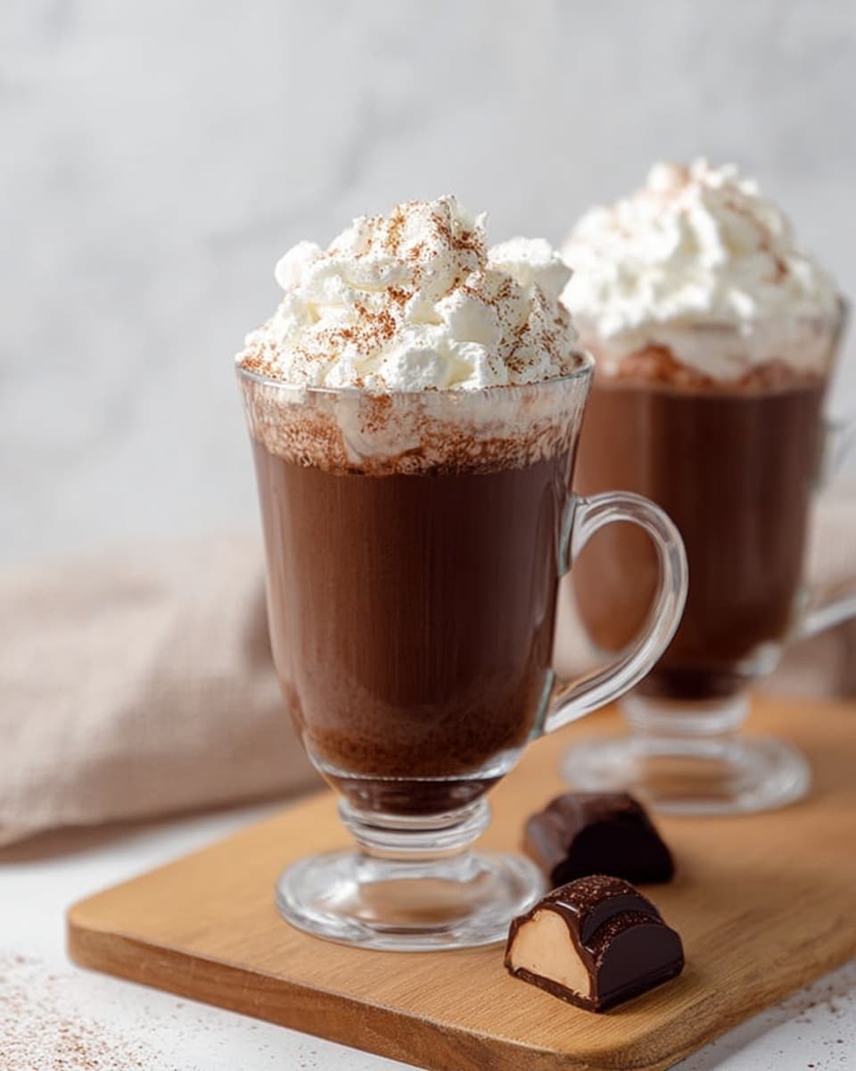 Two tall clear glass cups sit on a wooden board with a white marbled background. Each cup is filled with a dark brown hot chocolate layer that looks smooth and thick. On top of the hot chocolate, there is a high pile of white whipped cream with a fluffy texture, sprinkled lightly with brown cocoa powder. In front of the closest cup, there are two small chocolate pieces, one of them showing light brown filling inside. Photo taken with an iphone --ar 4:5 --v 7