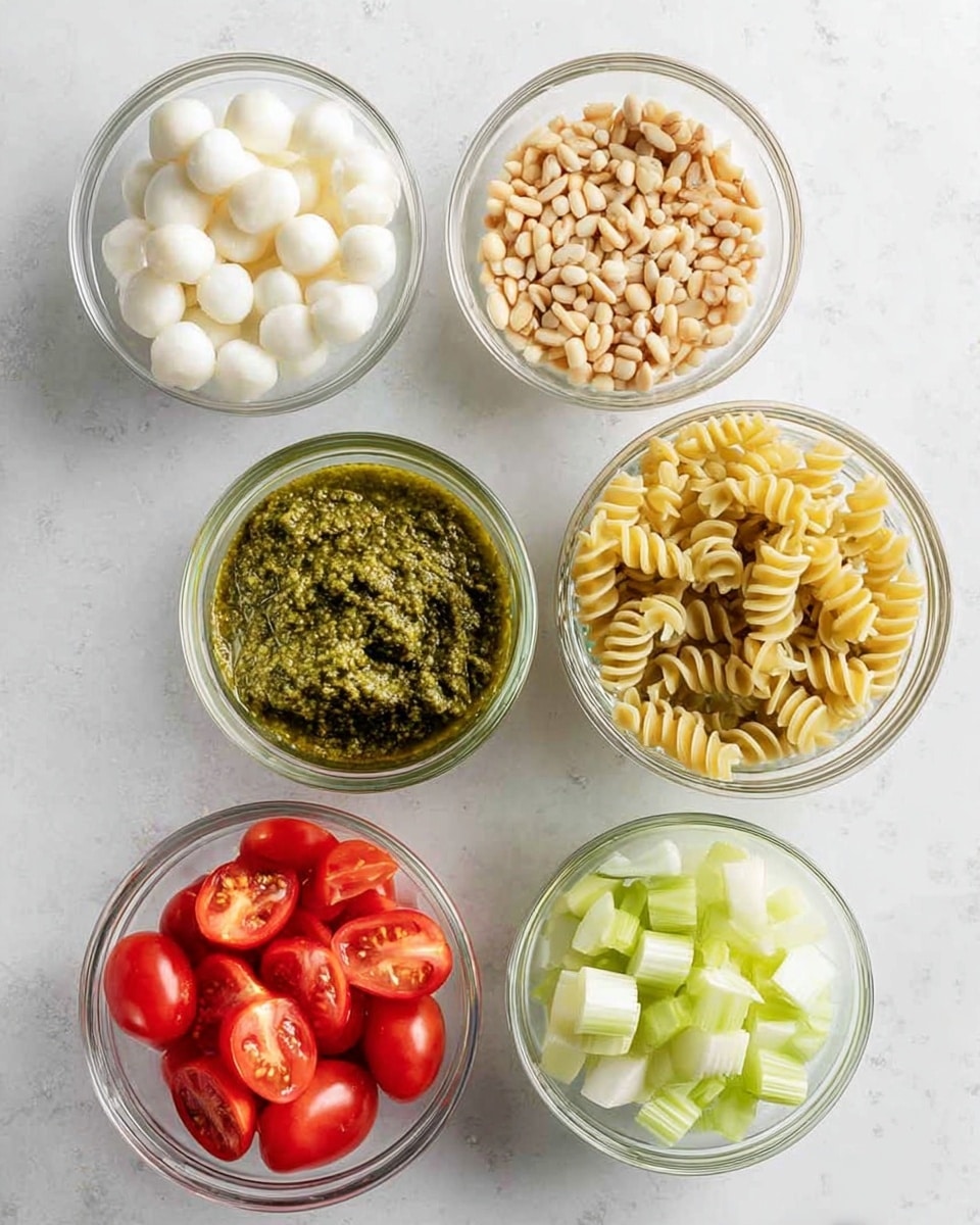 The image shows six clear bowls on a white marbled background, each filled with a different ingredient. From top left going clockwise, the first bowl has small white cheese balls, the second holds light brown pine nuts, the third is filled with green pesto sauce with a textured surface, the fourth contains twisted pasta in a pale yellow color, the fifth has pale green chopped celery, and the sixth is filled with halved red cherry tomatoes showing juicy seeds inside. photo taken with an iphone --ar 4:5 --v 7
