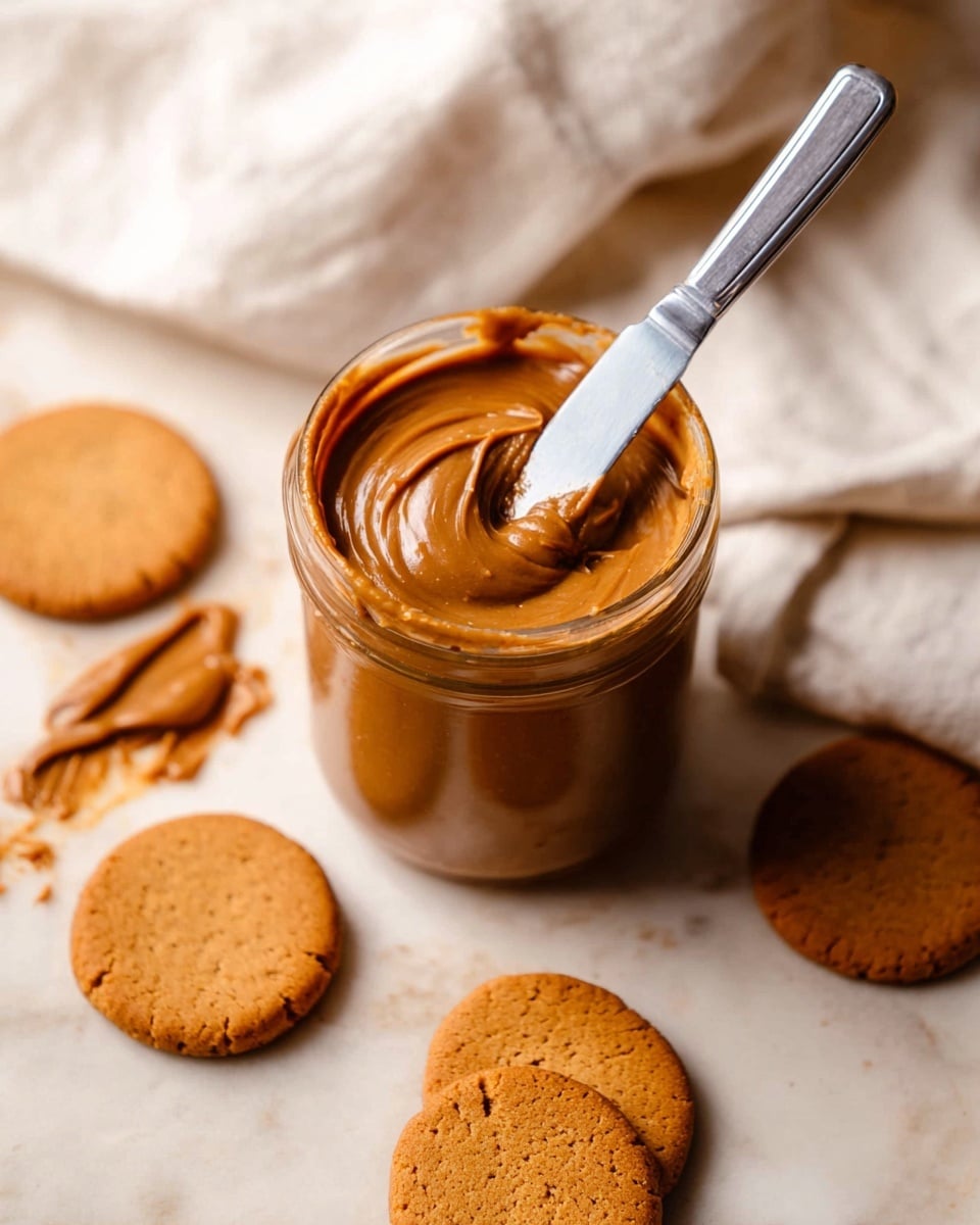 A clear glass jar filled with smooth, thick, shiny brown spread sits on a white marbled surface. Around the jar, there are several small round golden brown cookies with a cracked texture, arranged loosely. At the bottom right corner, a silver knife holds a dollop of the brown spread. In the background, there is a soft, white cloth slightly crumpled. The photo taken with an iphone --ar 4:5 --v 7