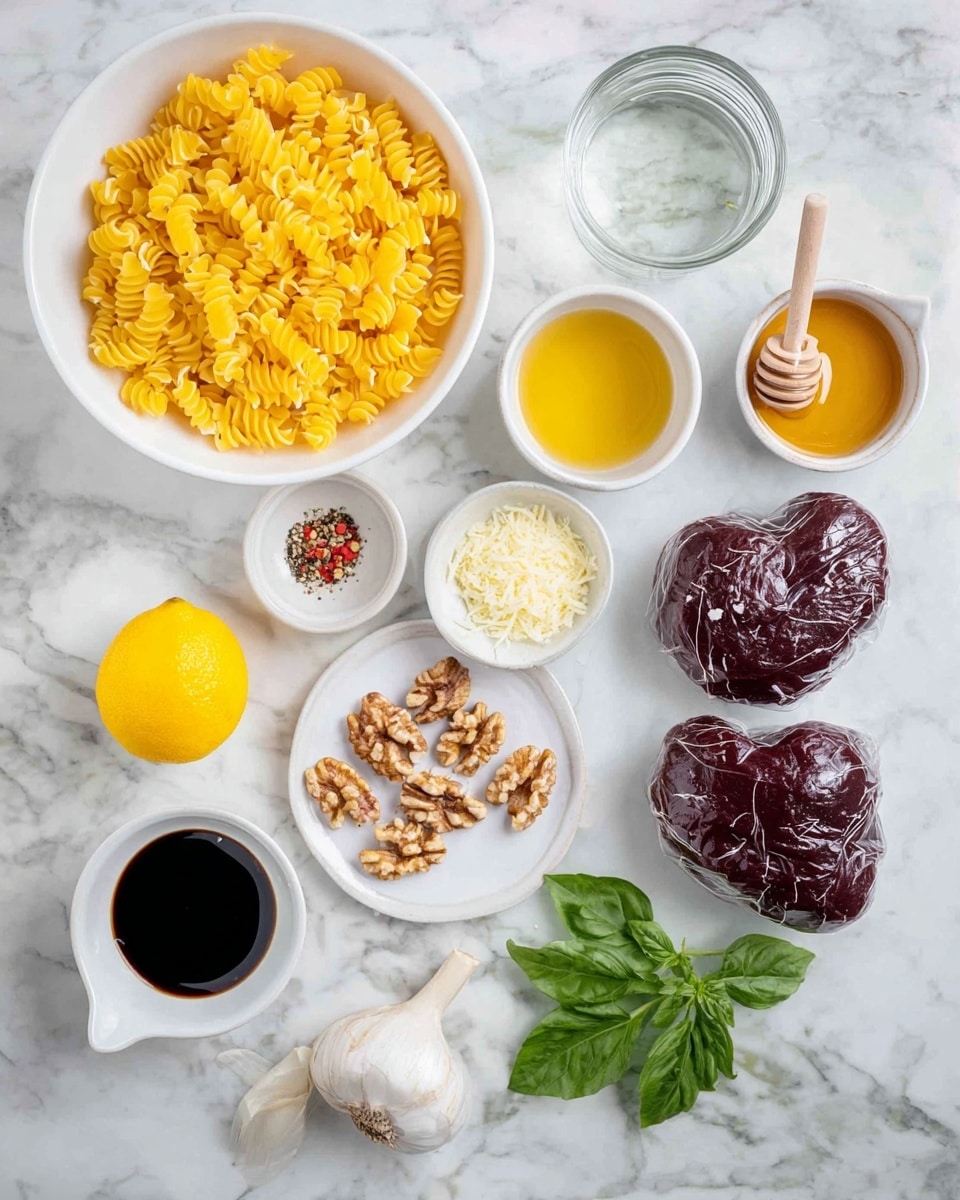 The image shows ingredients placed on a white marbled surface, arranged neatly in a flat lay style. At the top left is a white bowl filled with bright yellow pasta, showing many spiral shapes. Around this bowl are smaller white bowls and containers: one with clear water, one with golden honey with a wooden honey dipper on top, one with darker olive oil, one with light cream-colored cheese shreds, and one with pale brown walnuts. Near the bottom left is a half yellow lemon and a small white plate holding a mix of salt, black pepper, and red chili flakes. At the bottom center are two large vacuum-sealed dark red meat pieces. To the bottom right are three garlic cloves and a small bunch of fresh green basil leaves. In the bottom left corner is a small white cup with dark soy sauce. photo taken with an iphone --ar 4:5 --v 7