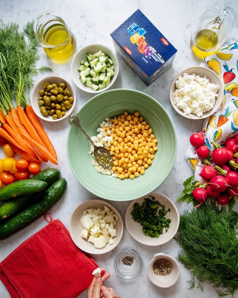 A large white bowl sits in the middle on a white marbled surface, with a blue carton of pasta inside it. Around the bowl, there are different small white bowls filled with yellow chickpeas, small green pickles, crumbled white cheese, and chopped green onions. There is a pile of fresh yellow cherry tomatoes, three orange carrots, a long dark green cucumber, a bunch of dill, and radishes with red skin and green tops. There are glass containers with olive oil and vinegar, a small glass bowl with minced garlic, and small bowls with ground pepper and another spice. A red bag and a colorful cloth with fruit prints lie to the side, and a woman's hand holds a spoon near the bottom corner of the image. photo taken with an iphone --ar 4:5 --v 7