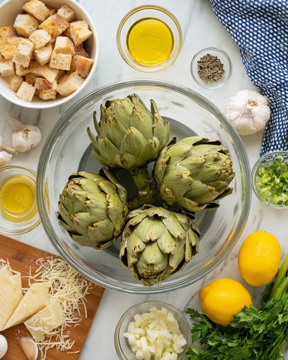 A clear glass bowl with three large green artichokes soaking in water sits at the center of a white marbled surface. Around the bowl, there are small clear bowls with yellow cooking oil, chopped white and green onions, and black pepper. To the left, a white bowl holds cubed bread pieces, while a wooden board has grated cheese and whole garlic bulbs nearby. On the right, two whole yellow lemons, one sliced in half showing the juicy inside, and fresh green parsley leaves add color. A blue and white checkered cloth holds more green artichokes. Photo taken with an iphone --ar 4:5 --v 7