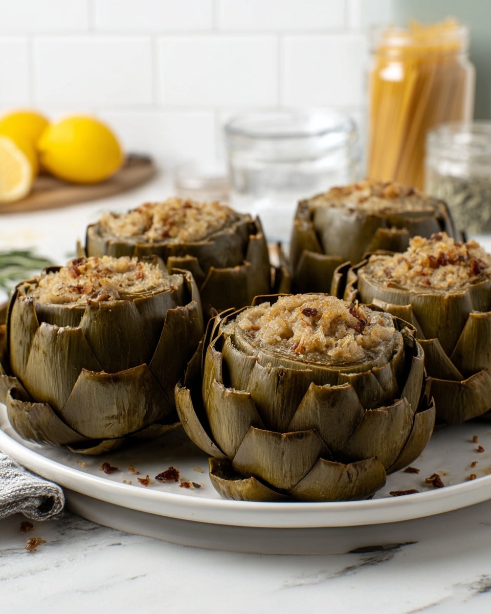 A white plate holds five stuffed artichokes arranged close to each other, each with dark green, tightly layered outer leaves showing a rough texture, and the tops visibly stuffed with a mix of light beige, crumbly filling including small brown bits. The plate sits on a white marbled surface with some kitchen items blurred in the light background, including a lemon on the left and a jar with pasta on the right. Photo taken with an iphone --ar 4:5 --v 7